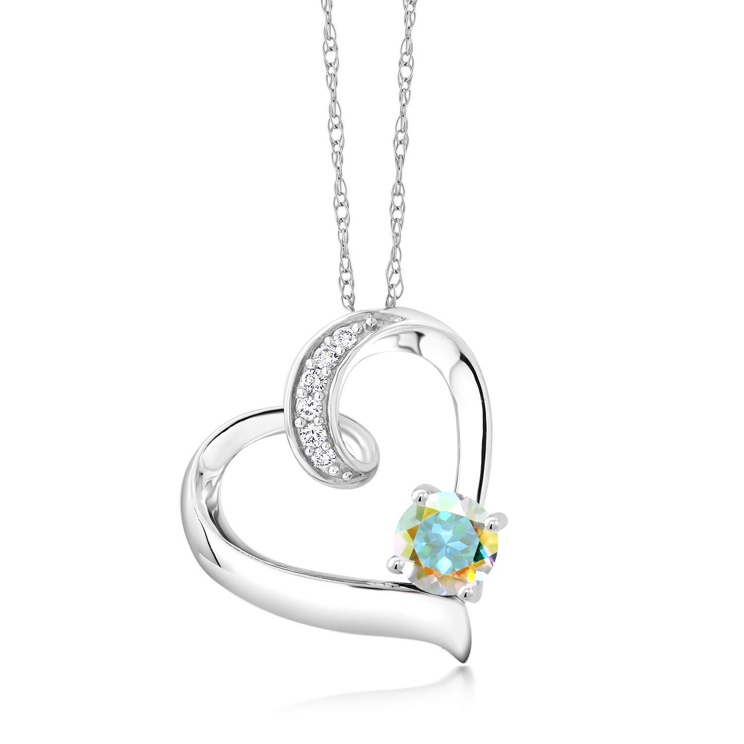 10K White Gold 5MM Round Birthstone & Lab-Grown Diamond Heart Pendant Necklace for Women | 18