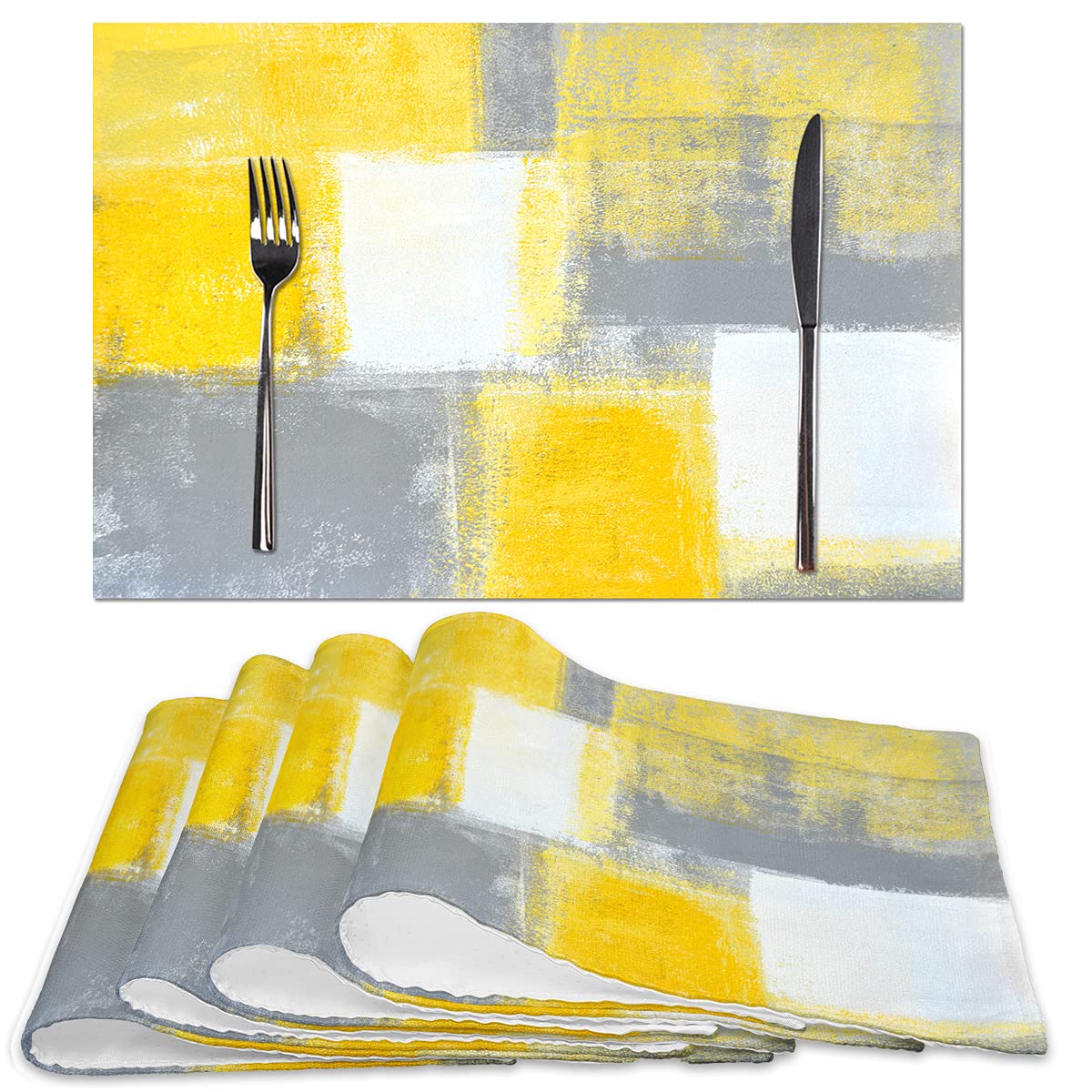 Modern Abstract Art Placemats Set of 4 - Yellow & Grey Non-Slip Heat Resistant Dining Mats - 18