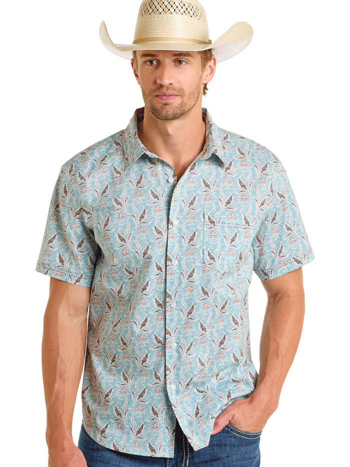 Men's Light Blue Short Sleeve Western Shirt - Panhandle PMB3S06569 - Perfect for Rodeo, Country Music Festivals & Casual Cowboy Style