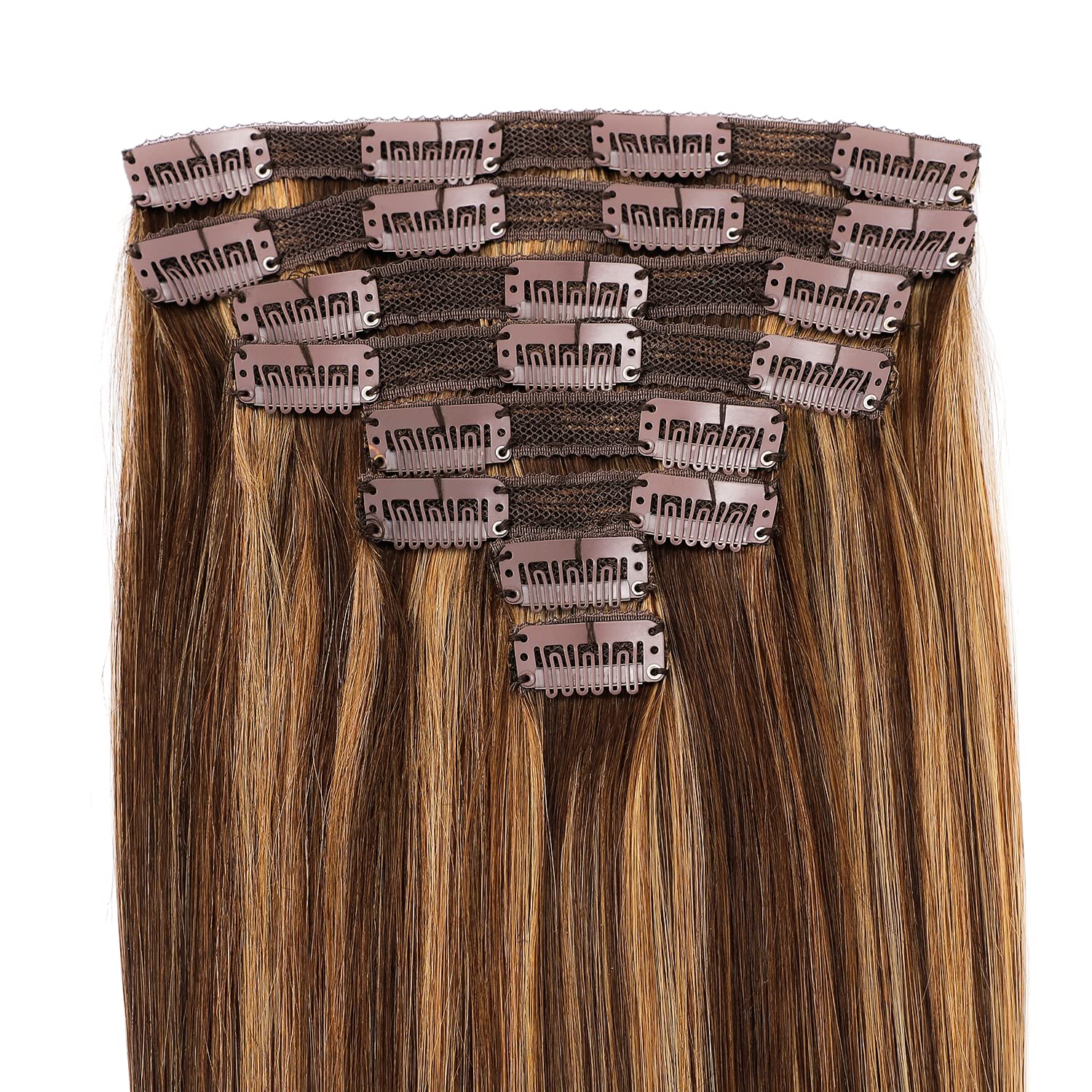 Clip in Human Hair Extensions 14inch - 8pcs 120g Real Human Hair Extensions Straight with 4/27 Balayage (Strawberry Blonde to Medium Brown) - Perfect for Daily Styling, Volume Boost & Special Occasions
