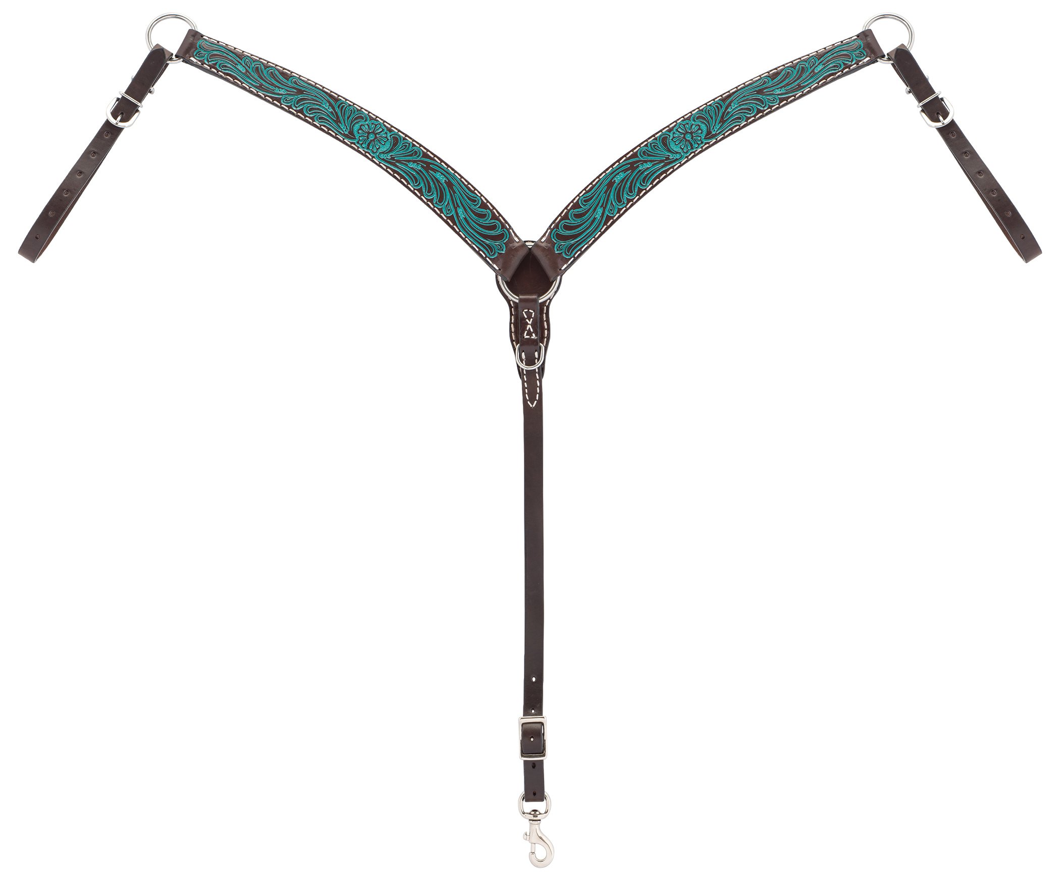 Handmade Carved Turquoise Flower Contoured Breast Collar for Horses - Dark Oil Finish - Perfect for Western Riding, Rodeo & Equestrian Show Events