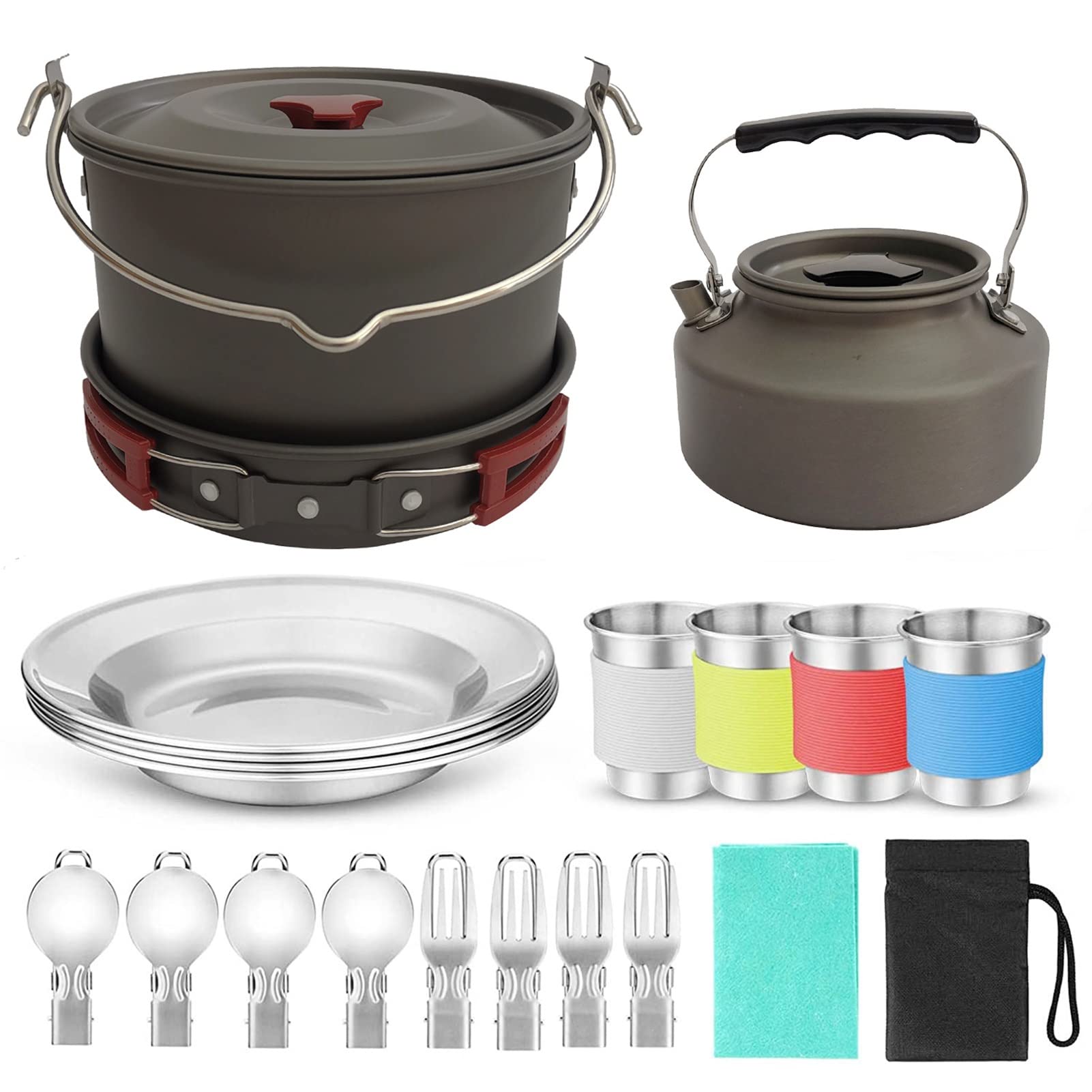 **Portable Camping Cookware Set for 3-4 People - Lightweight Pot, Pan, Mini Cups, Dishes, Forks & Spoons - Perfect for Outdoor Adventures, Hiking & Backpacking**