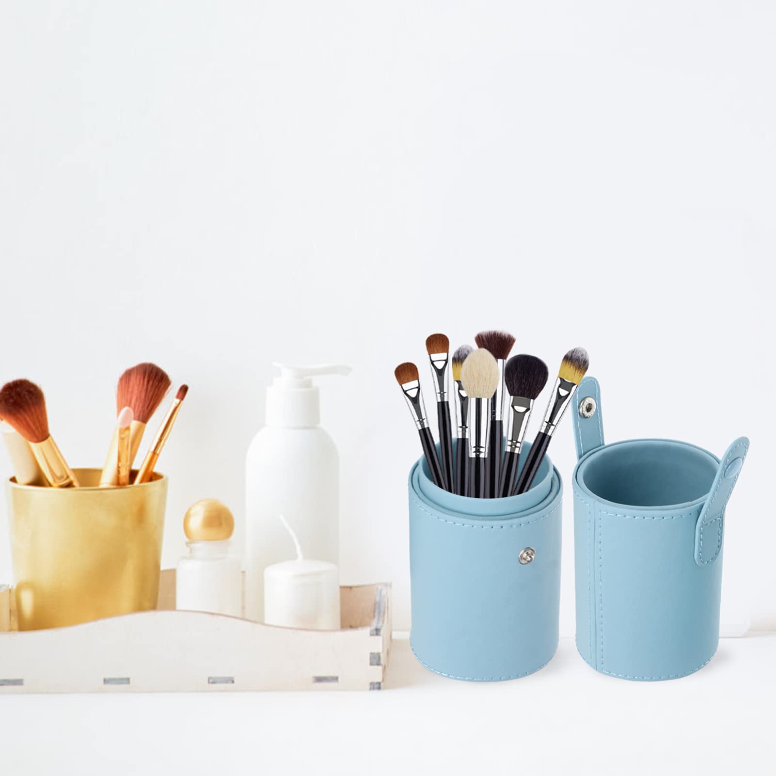 FOMIYES Makeup Brush Organizer Bag with Lid - Travel Cosmetic Brush Holder Case, PU Leather Storage Box for Women & Girls (Lake Blue) - Perfect for Travel, Home, and Salon Makeup Brush Organization