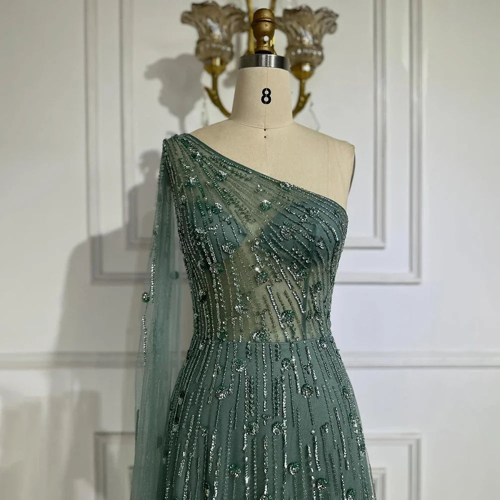 Elegant Turquoise Beaded One Shoulder Evening Gown with Cape Sleeves - LA72503 | Perfect for Prom, Gala & Formal Events