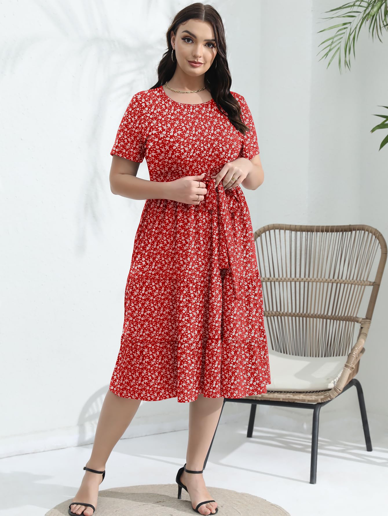 Elegant Plus Size Floral Midi Dress for Women 2025 - Tiered Flowy Modest Wedding Guest Dress with Belt & Pockets | Perfect for Bridal Showers, Garden Parties & Formal Events