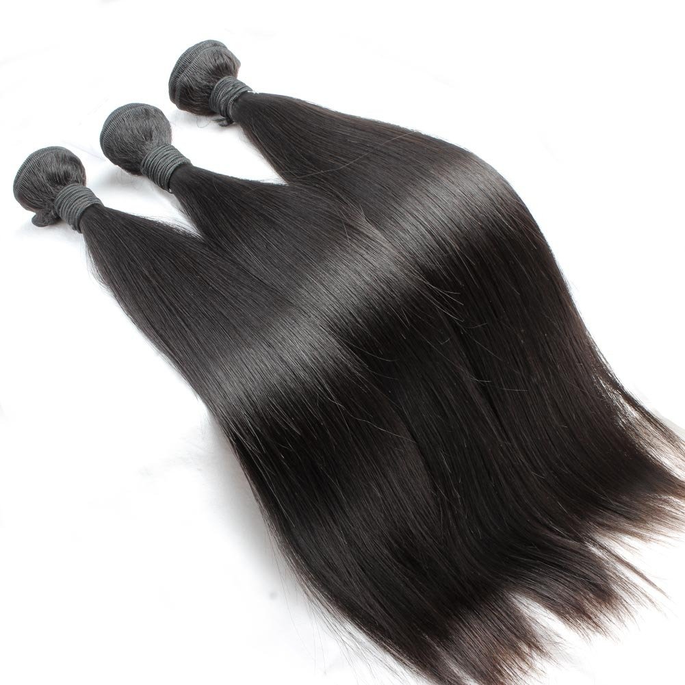 Remy Brazilian Virgin Hair Bundles 100% Human Hair Weave Extensions - 3 Bundles Silk Straight Weft Natural Color 12