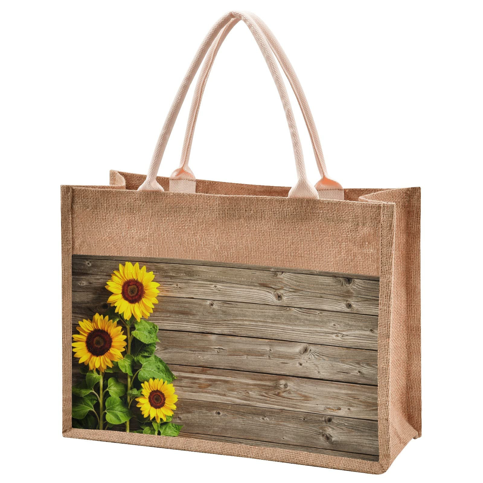 Premium Sunflower Print Jute Tote Bag with Zipper & Handles - Large 17