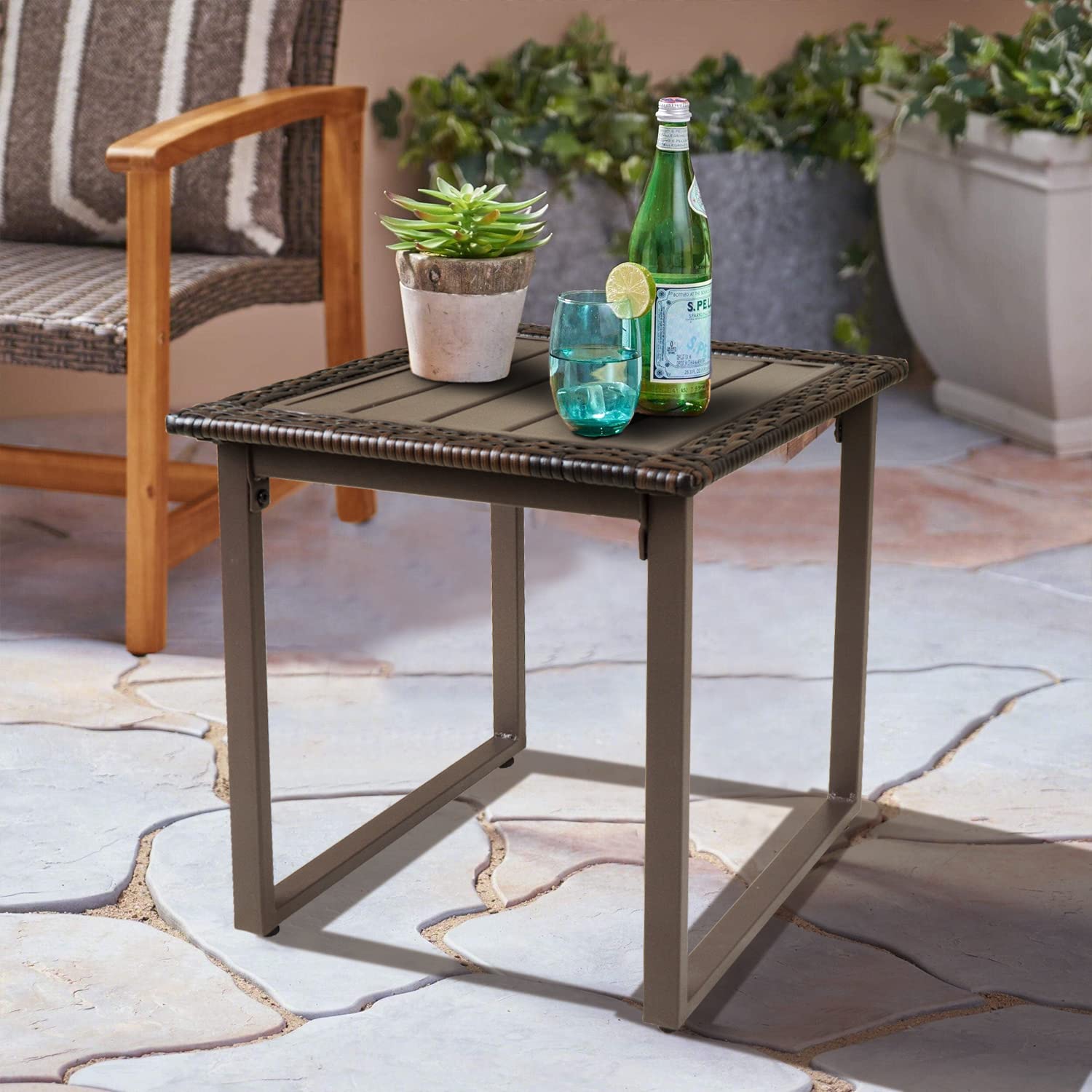 Weather-Resistant Outdoor PE Wicker Coffee Table - Brown All-Weather Metal Patio Side Table for Porch, Garden, Balcony & Backyard | Perfect for Poolside Lounging, BBQ Gatherings & Outdoor Entertaining