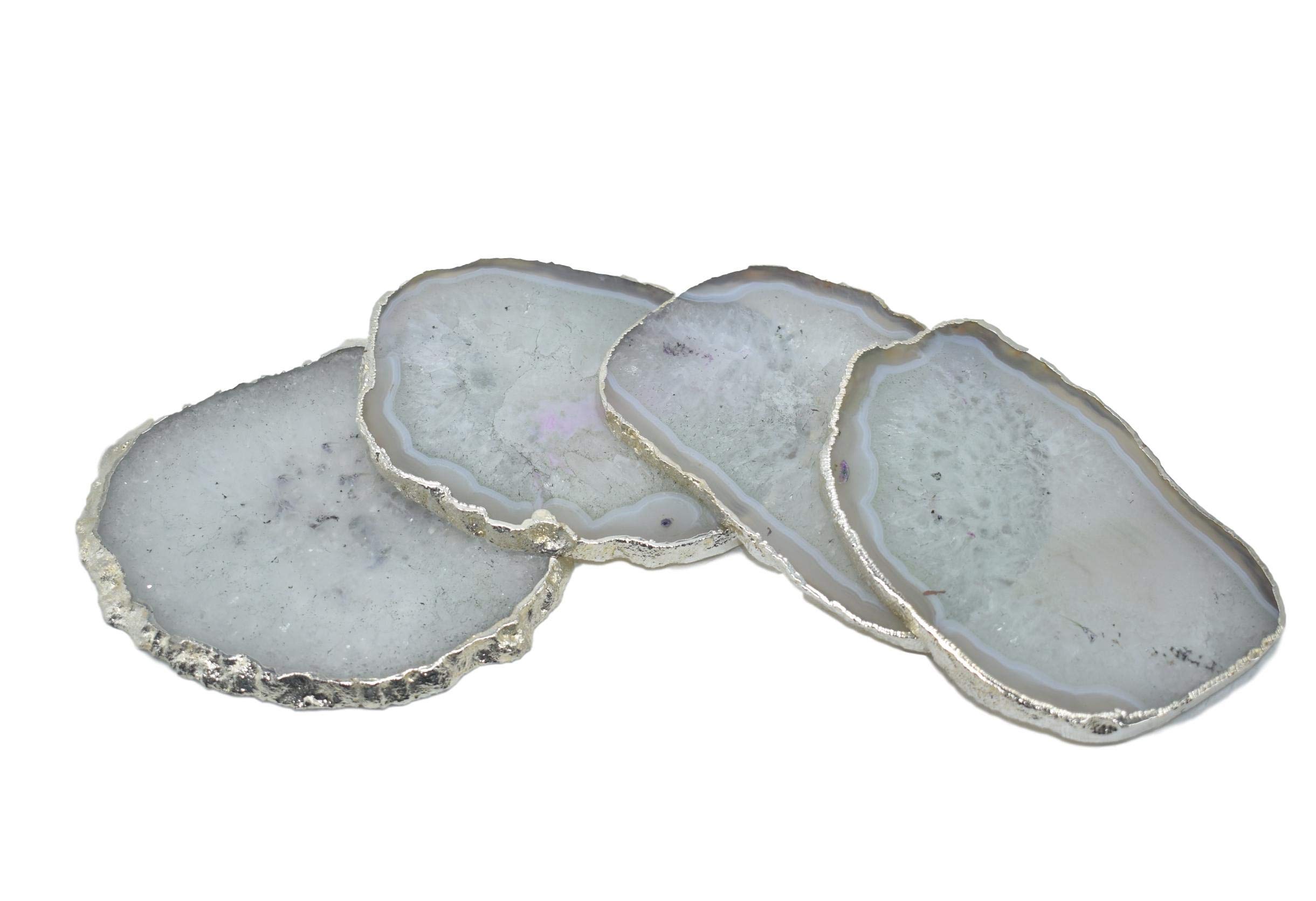 Premium White Agate Slice Coasters Set of 4 with Silver Trim - Natural Stone Drink Coasters for Home Decor, Housewarming Gifts & Elegant Entertaining - Perfect for Coffee Tables, Dining Tables & Wedding Decor