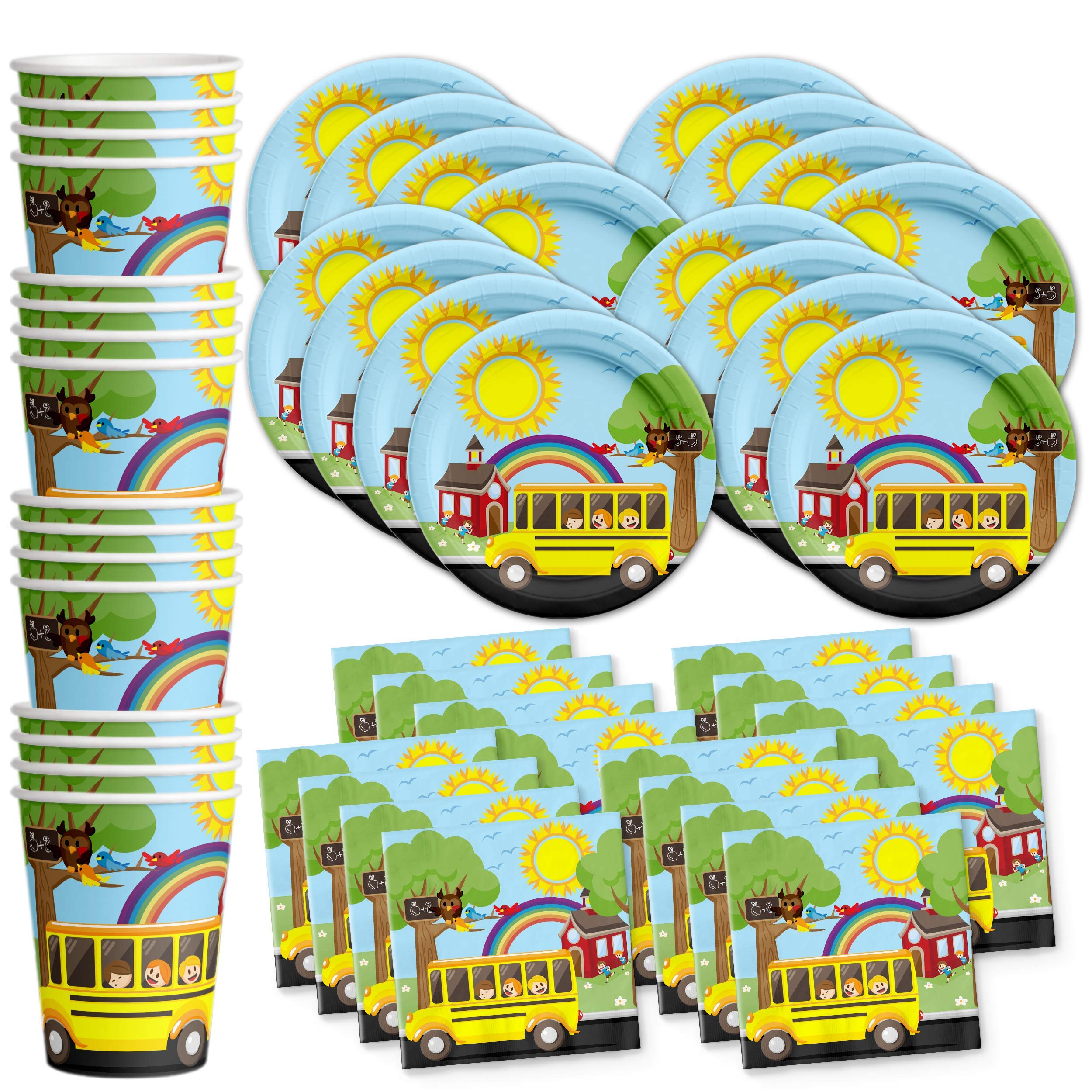 School Bus Themed Birthday Party Supplies Set - 16-Piece Tableware Kit with Plates, Napkins & Cups for Kids' Birthday Celebrations & School Bus Decorations
