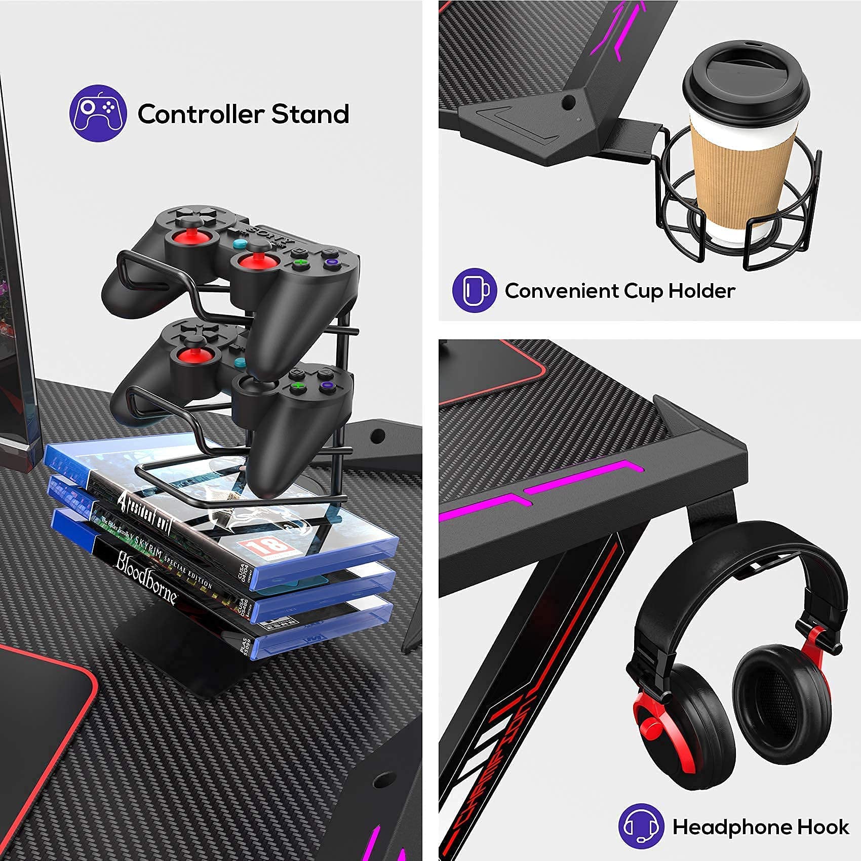 RGB Gaming Desk with LED Lights - 44 x 24 Inches Computer Desk for Home Office & Study | Includes Free Mouse Pad, Handle Rack, Cup Holder & Headphone Hook | Perfect for Gaming Setup, Remote Work & Online Learning