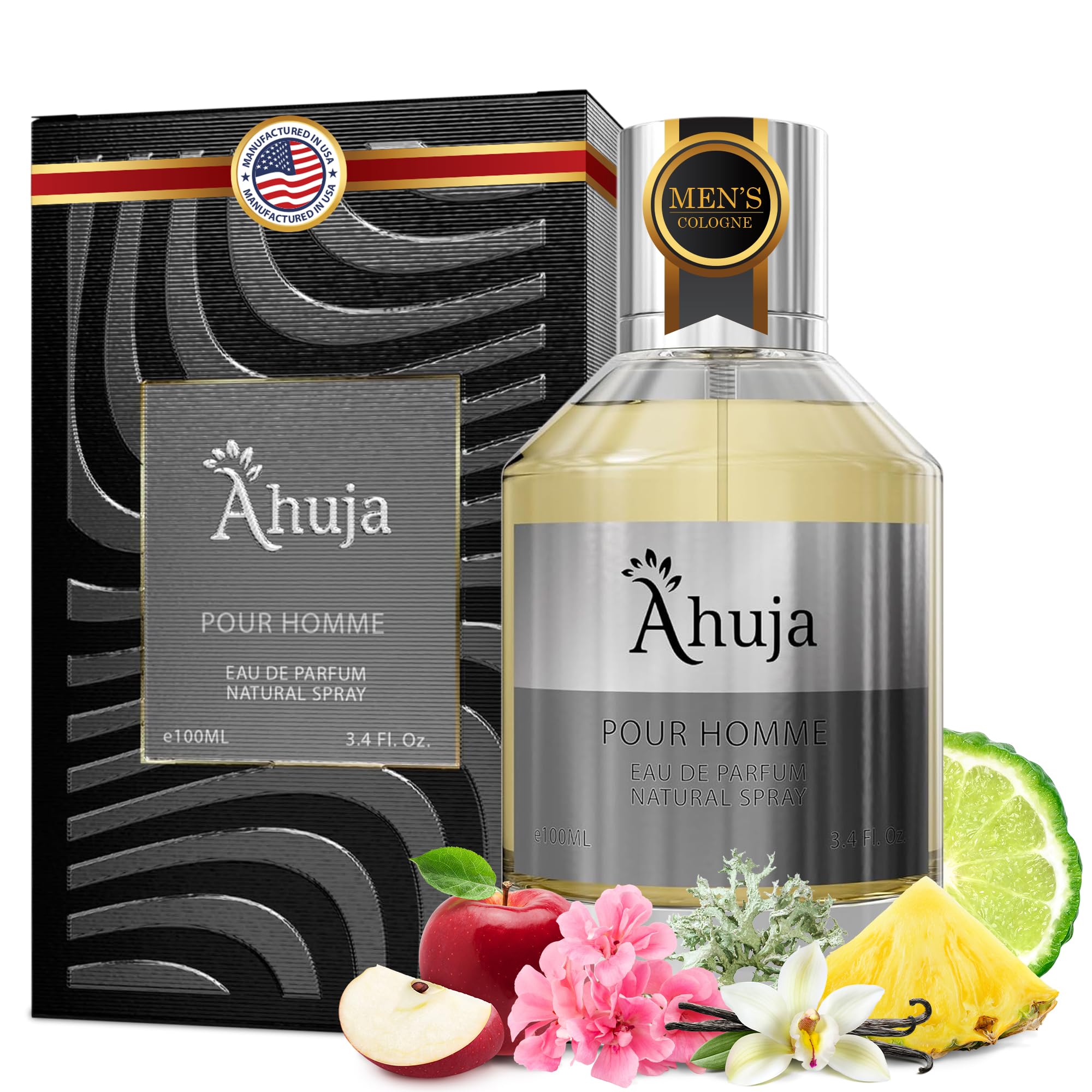 AHUJA Pour Homme Eau de Parfum for Men 3.4 oz | Long Lasting Citrus & Fruity Cologne | Luxury Men's Fragrance Gift Set | Perfect for Date Night, Office & Special Occasions
