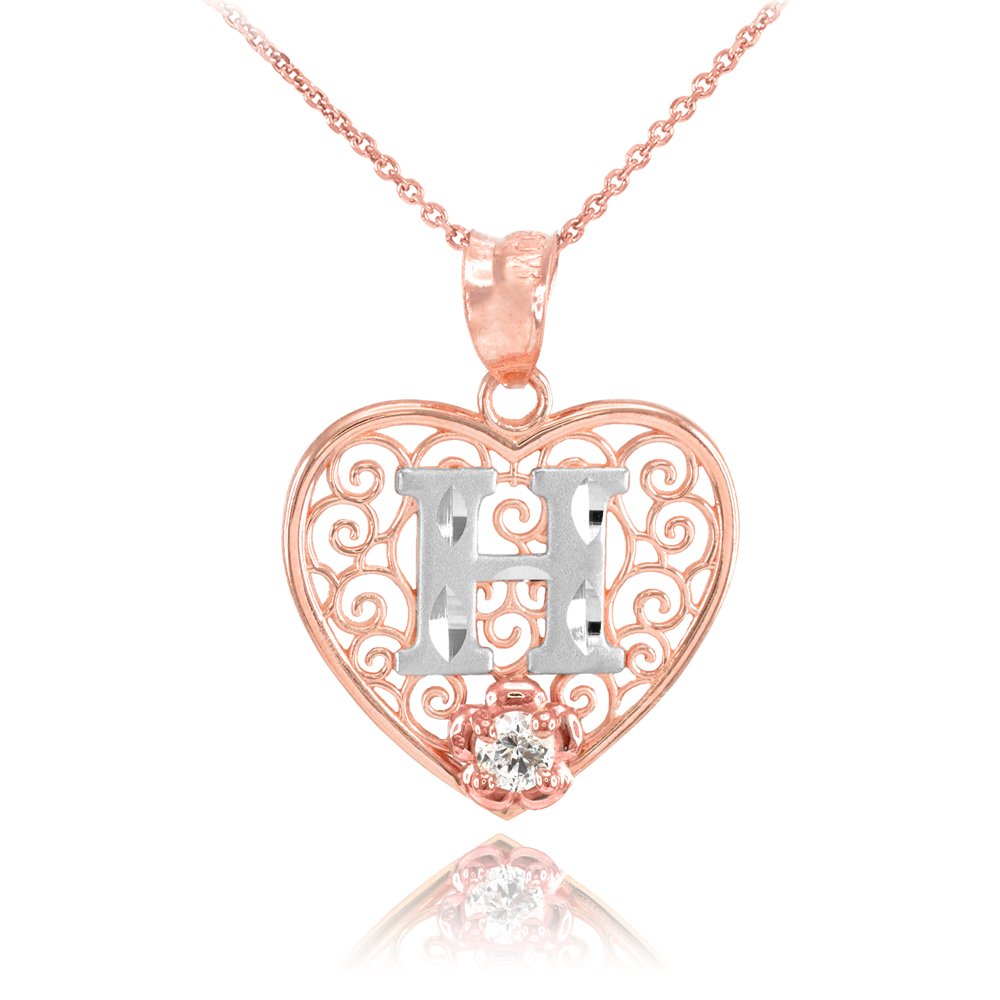14K Two-Tone White & Rose Gold Filigree Heart Pendant Necklace with CZ Flower Initial Letter - 20