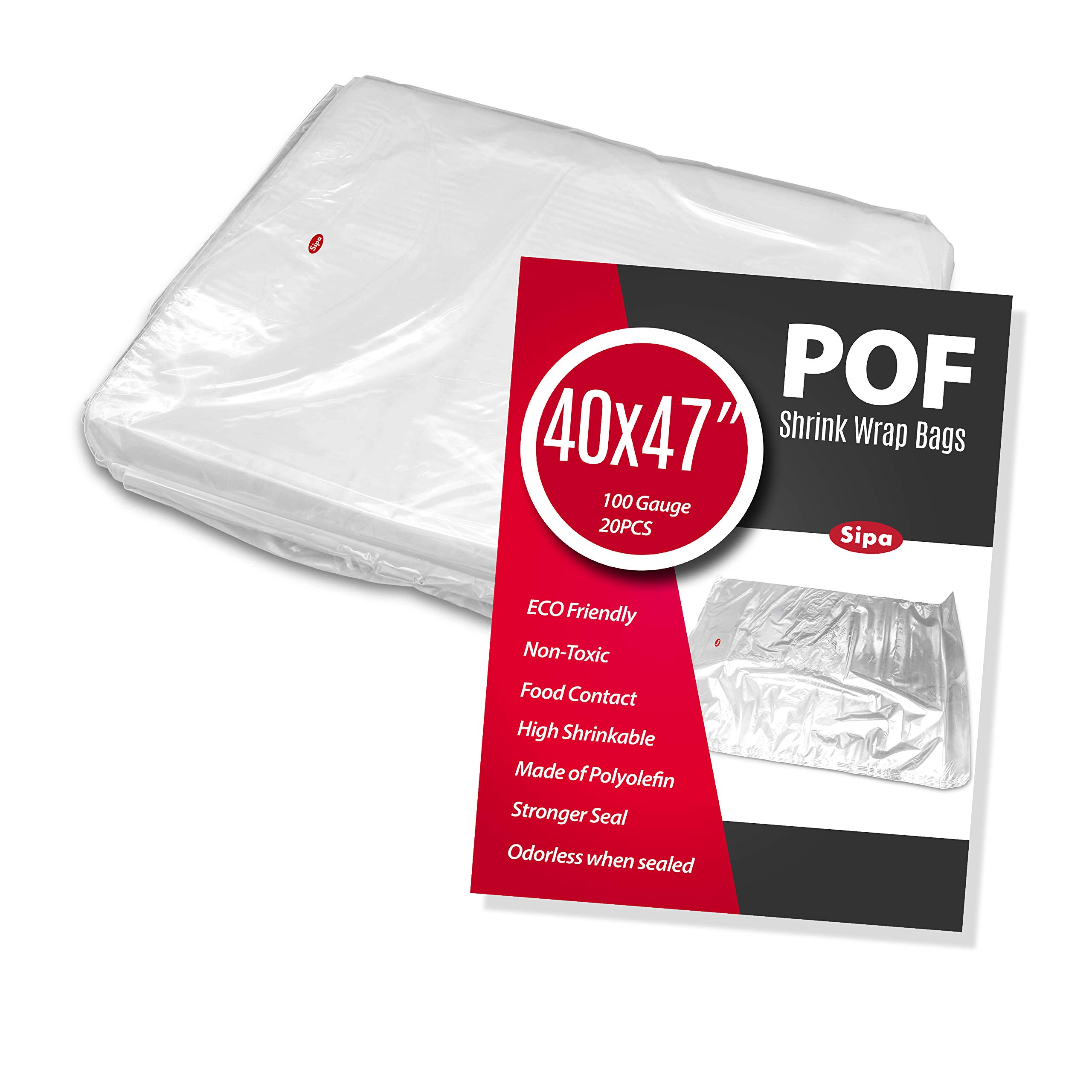 40x47 Inch 20 PCS 100 Gauge POF Non-Venting Shrink Wrap Bags - Odorless, Heavy Duty for Stationery, Photo Frames, Soap Packaging, Oil Bottles, DIY Crafts, Homemade Products, Gift Wrapping & Retail Display