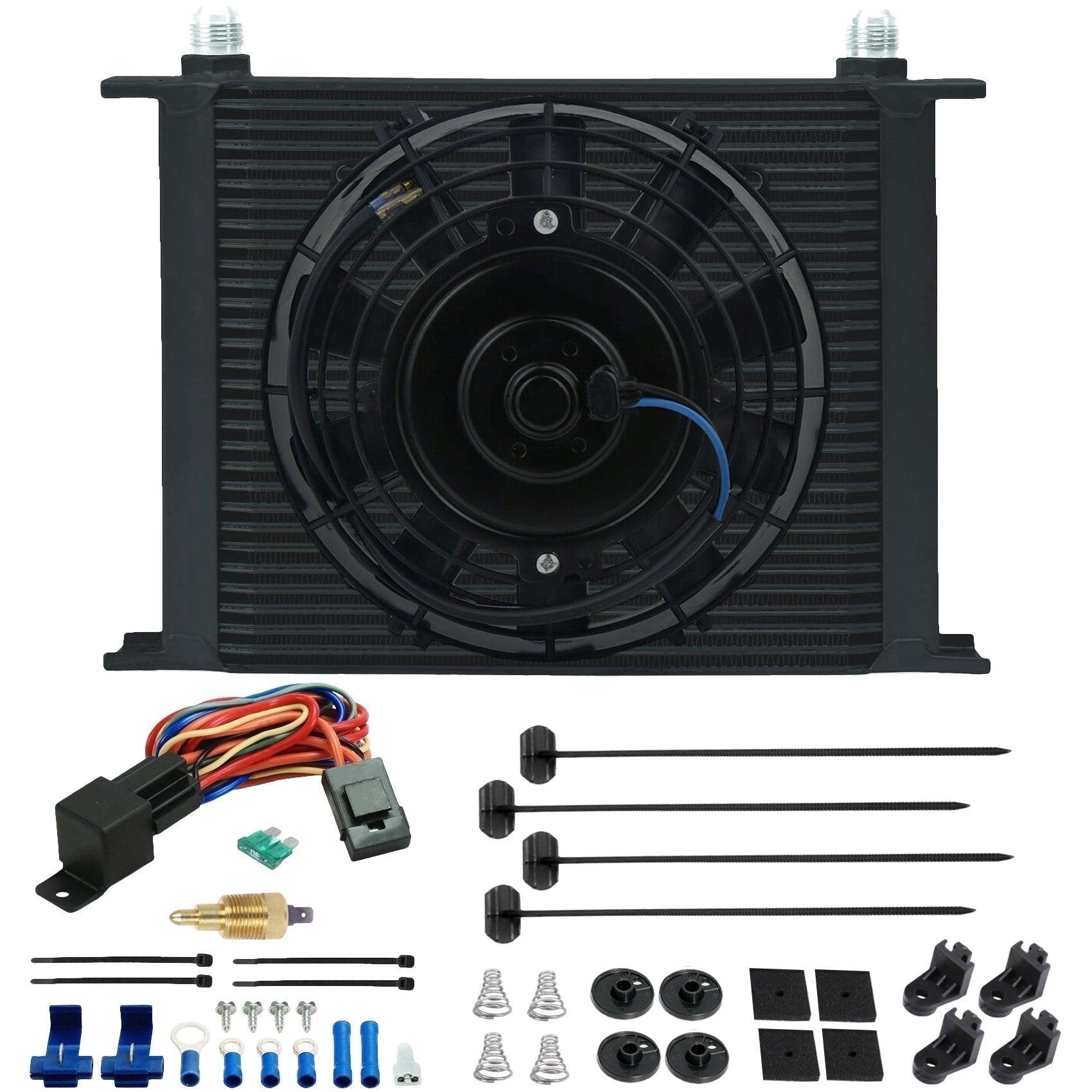30 Row Transmission Oil Cooler with Electric Fan & Thermostat Switch Kit - Universal Fit for Cars, Trucks & SUVs - Improves Cooling Performance for Towing & Off-Road Use