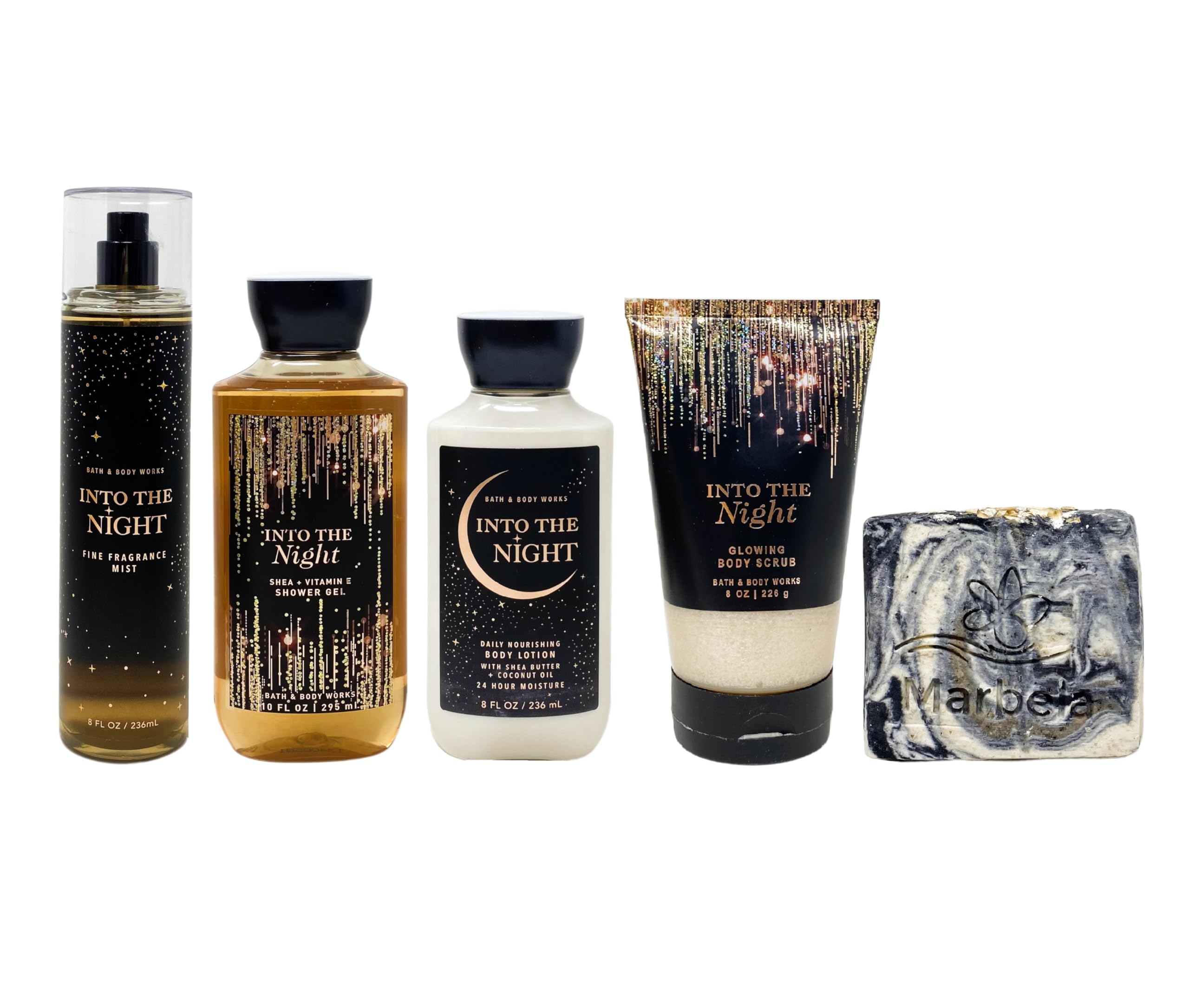 Bath & Body Works Into The Night 4-Piece Gift Set - Fragrance Mist, Shower Gel, Body Lotion & Body Scrub with Charcoal Soap Bar | Full-Size Luxury Bath & Body Care for Women | Perfect for Gifts, Self-Care Nights & Spa Days