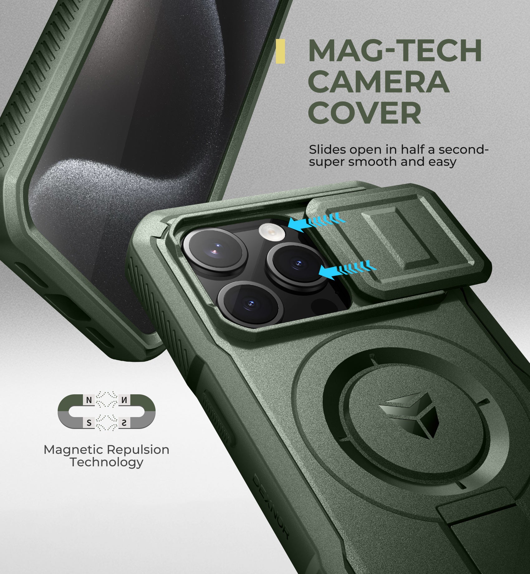 Dexnor Rugged iPhone 15 Pro Case with Built-in Screen Protector, Slide Camera Cover & 360° MagSafe - Shockproof Protective Phone Cover for Outdoor, Work & Daily Use