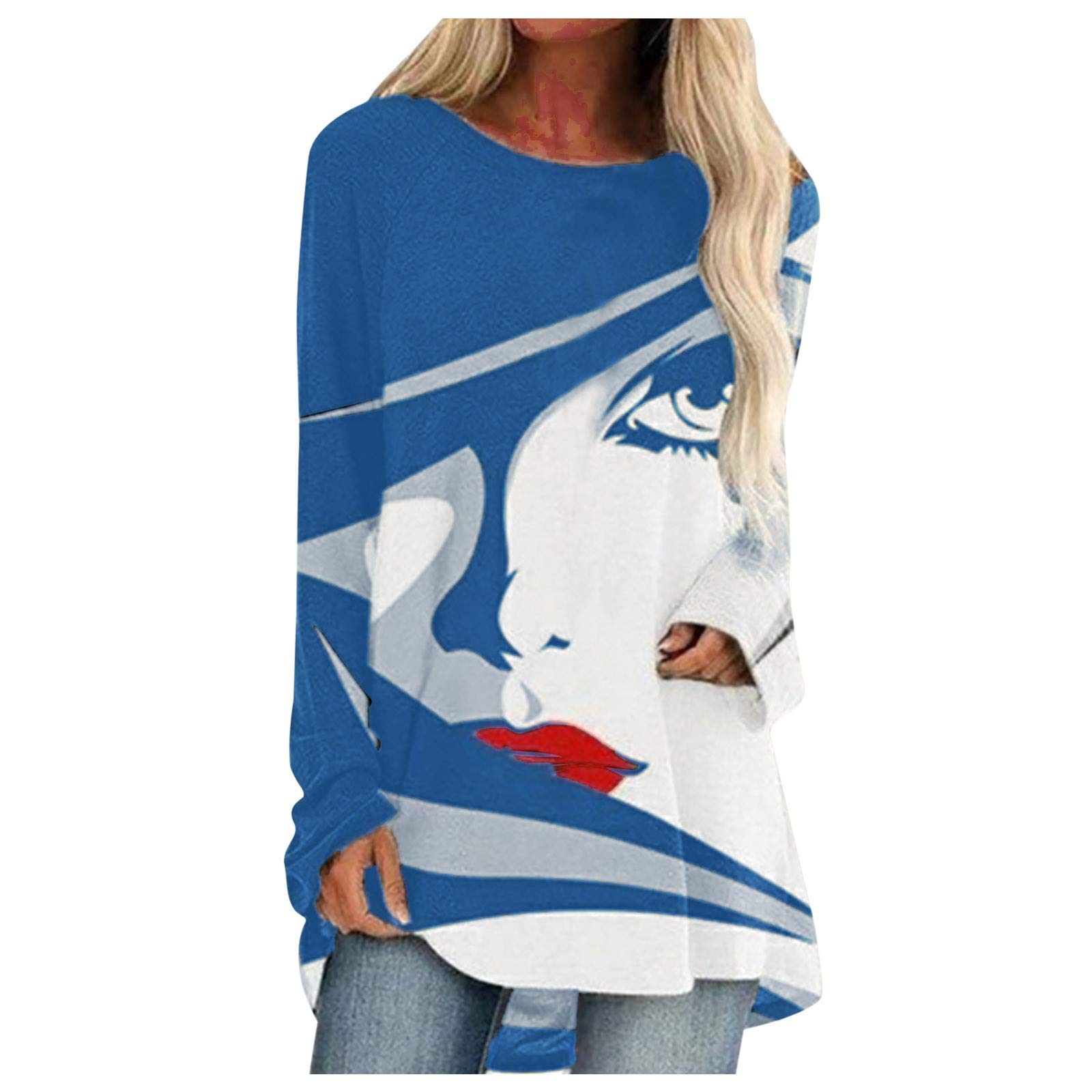 Women's Fashion Long Sleeve Printed Ruffle Blouse - White & Blue T-Shirt for Girls & Women (XXXL) - Perfect for Office Wear, Casual Outfits & Special Occasions