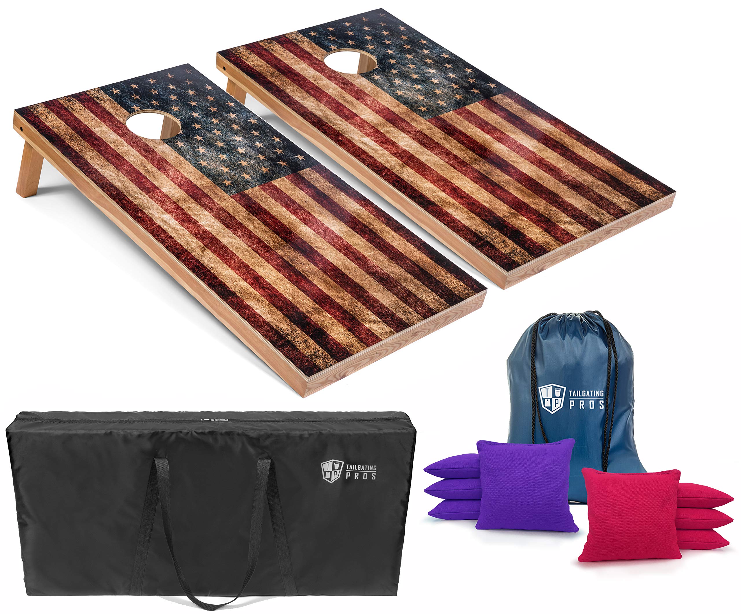 Premium Rustic American Flag Cornhole Boards Set - 4'x2' Distressed Wooden Cornhole Game with LED Light Ring, 8 Bean Bags & Carrying Case - Perfect for Backyard BBQs, Tailgating Parties, and Outdoor Family Fun