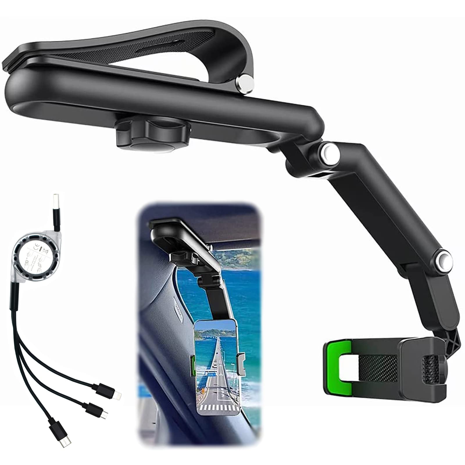 DOUBFIVSY 360° Adjustable Universal Car Phone Holder with USB Cable - Multifunctional Sun Visor Mount for iPhone, Samsung & Most Smartphones - Perfect for Driving, Cooking in Kitchen & Hands-Free Use