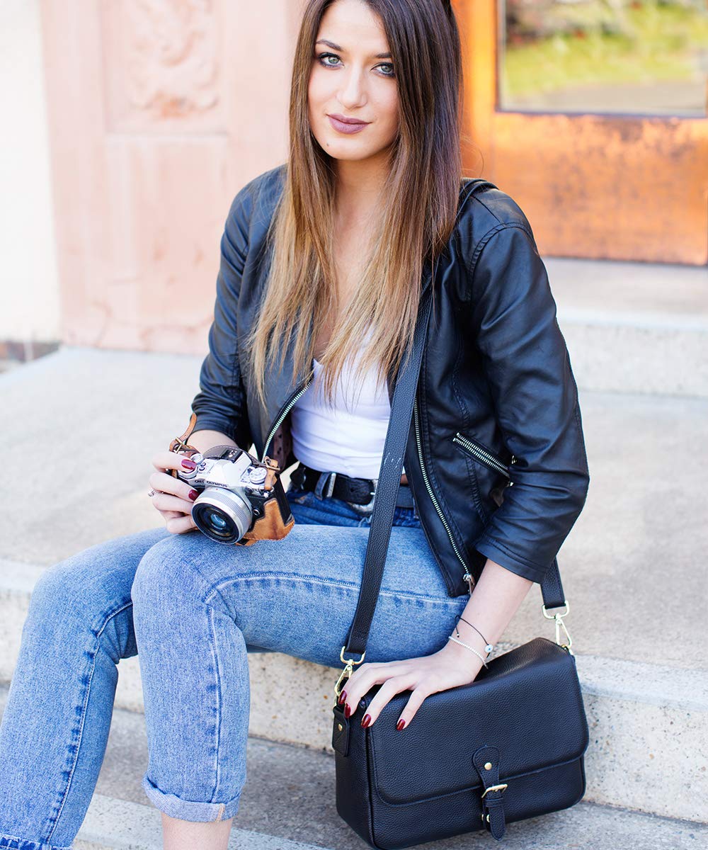 Meliae Leather Camera Bag for Women - DSLR Mirrorless Camera Purse with Adjustable Shoulder Strap, Crossbody Messenger Travel Bag for Photographers (Black) | Perfect for Travel, Photography Sessions & Everyday Use