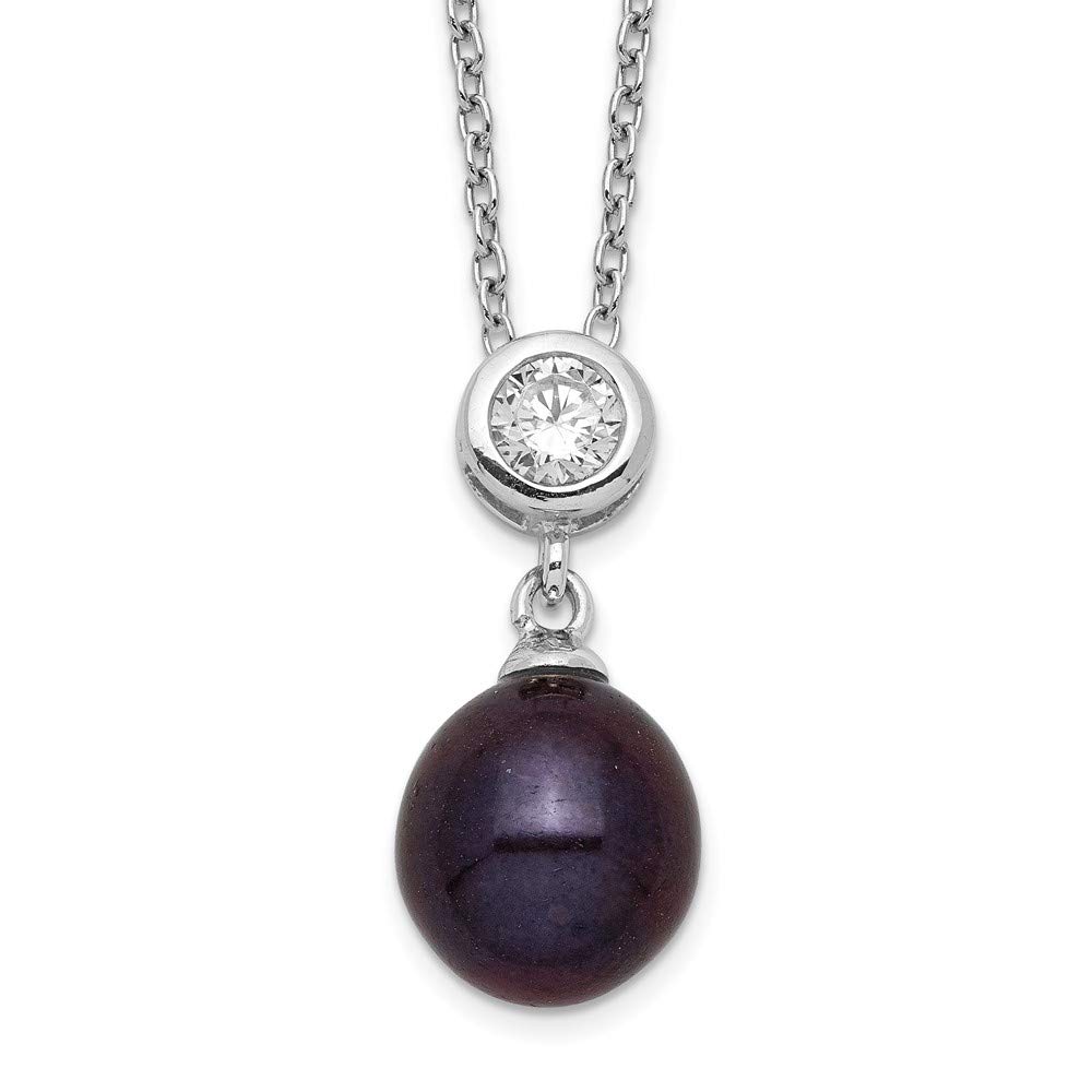 925 Sterling Silver Black Rice Freshwater Pearl & Cubic Zirconia Necklace for Women - Elegant 8-9mm Pearls, 17