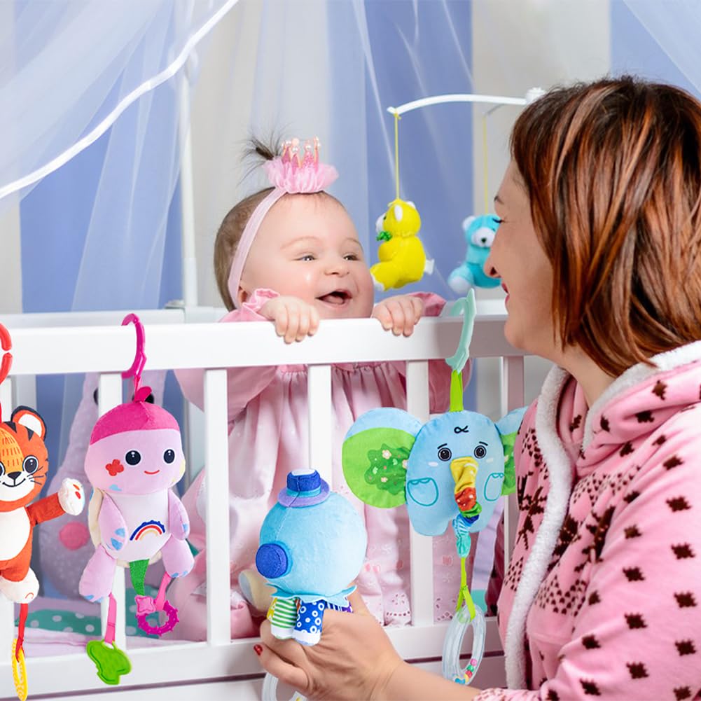 TeyToy Soft Plush Animal Hanging Baby Toys with Rattles, Teether & Squeaker - Early Development Stroller & Car Toys for Newborns 3-12 Months | Perfect Infant Birthday Gifts & Nursery Decor for Boys Girls