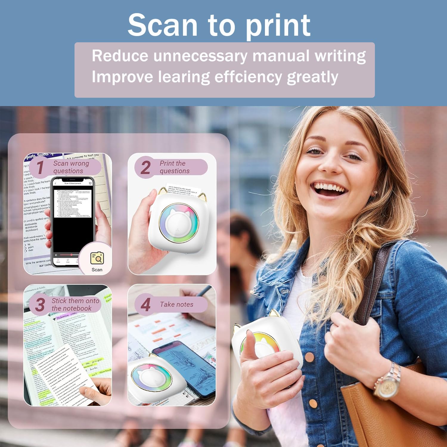 Supfoto Mini Thermal Label Printer with LED Light - Portable Sticker Maker for iOS & Android - Print Study Notes, Photos & DIY Stickers - Perfect for Christmas Gifts, Birthday Presents & School Projects (White)