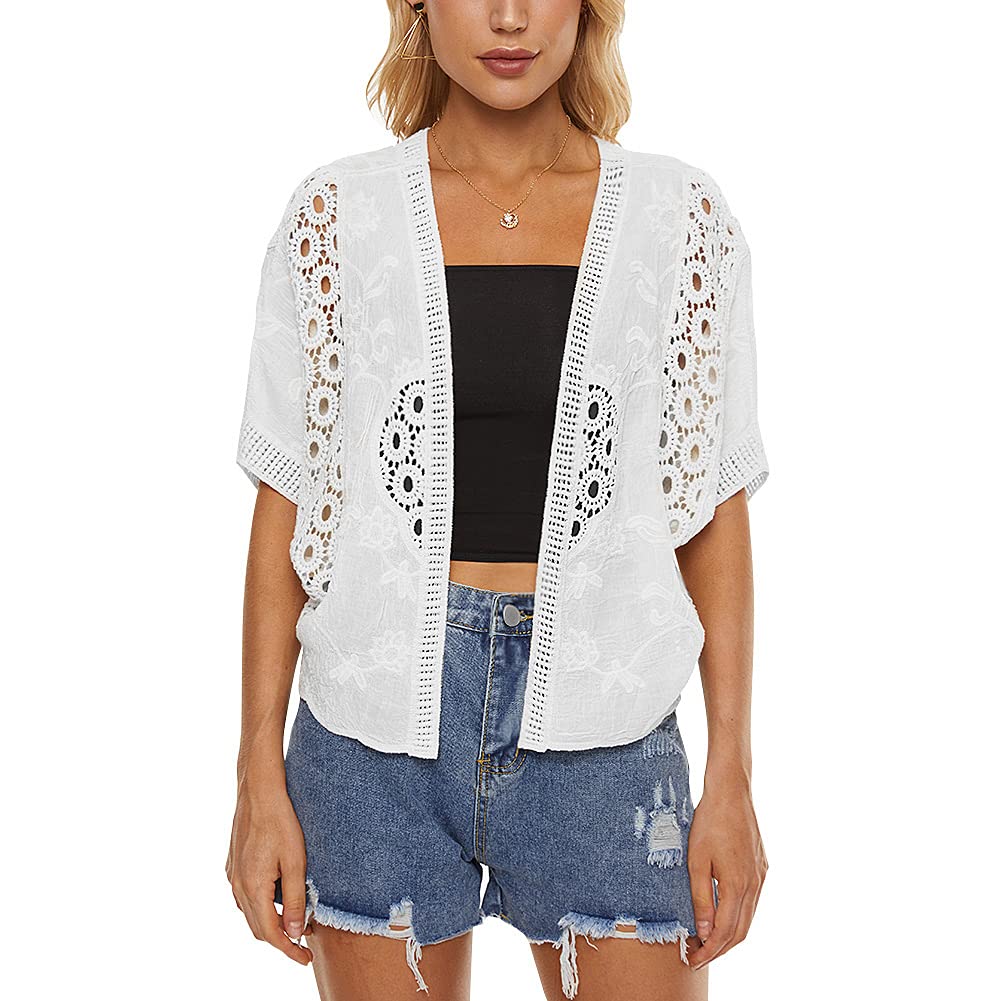 Women's Short Sleeve Crochet Lace Bolero Cardigan - Lightweight Open Front Shrug for Summer, Weddings & Beach Cover-Up