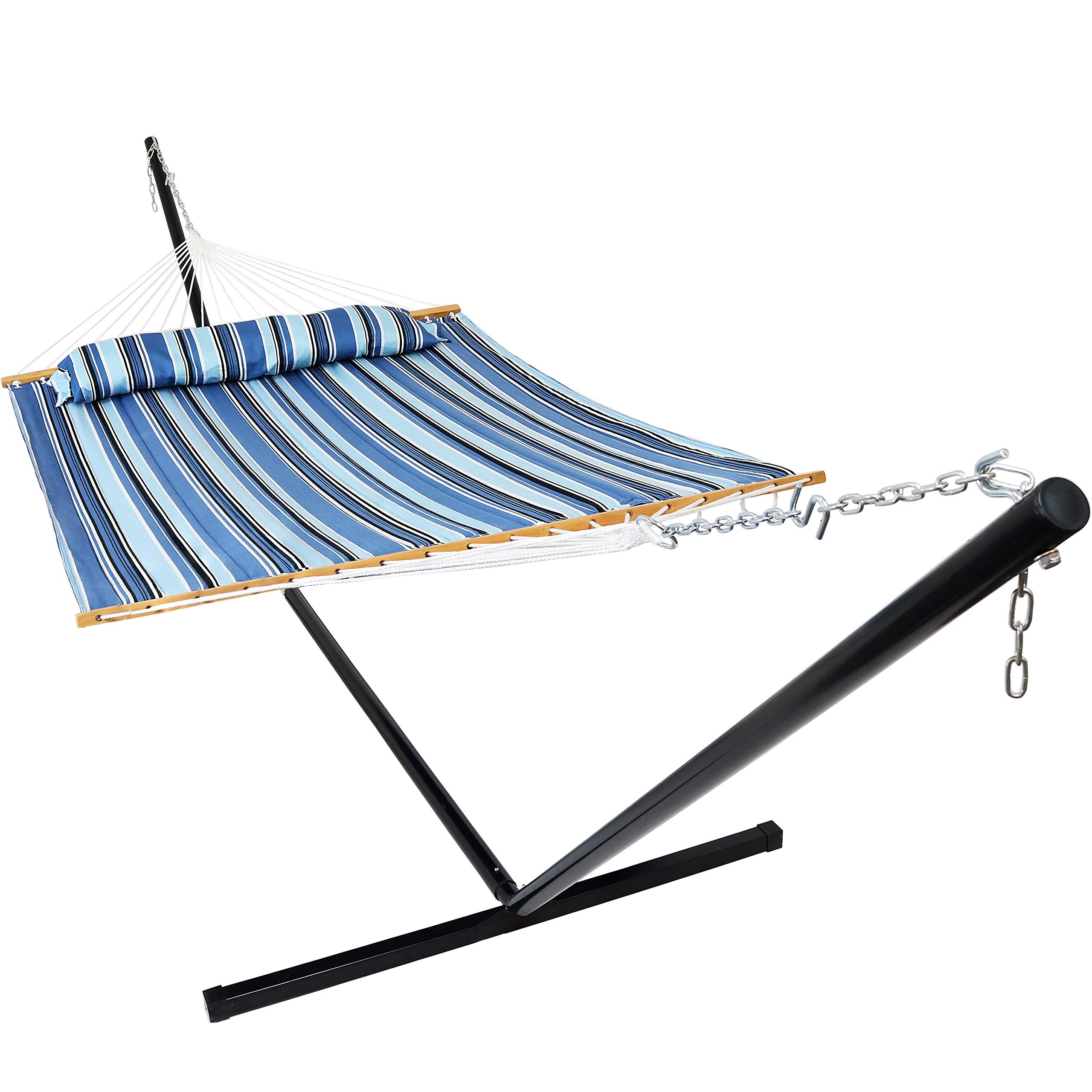 SunnyDaze Quilted Double Hammock with Stand - 400 lb Capacity Outdoor Hammock for 2 People - 15 ft Steel Frame - Perfect for Backyard, Beach & Camping - Misty Beach Design