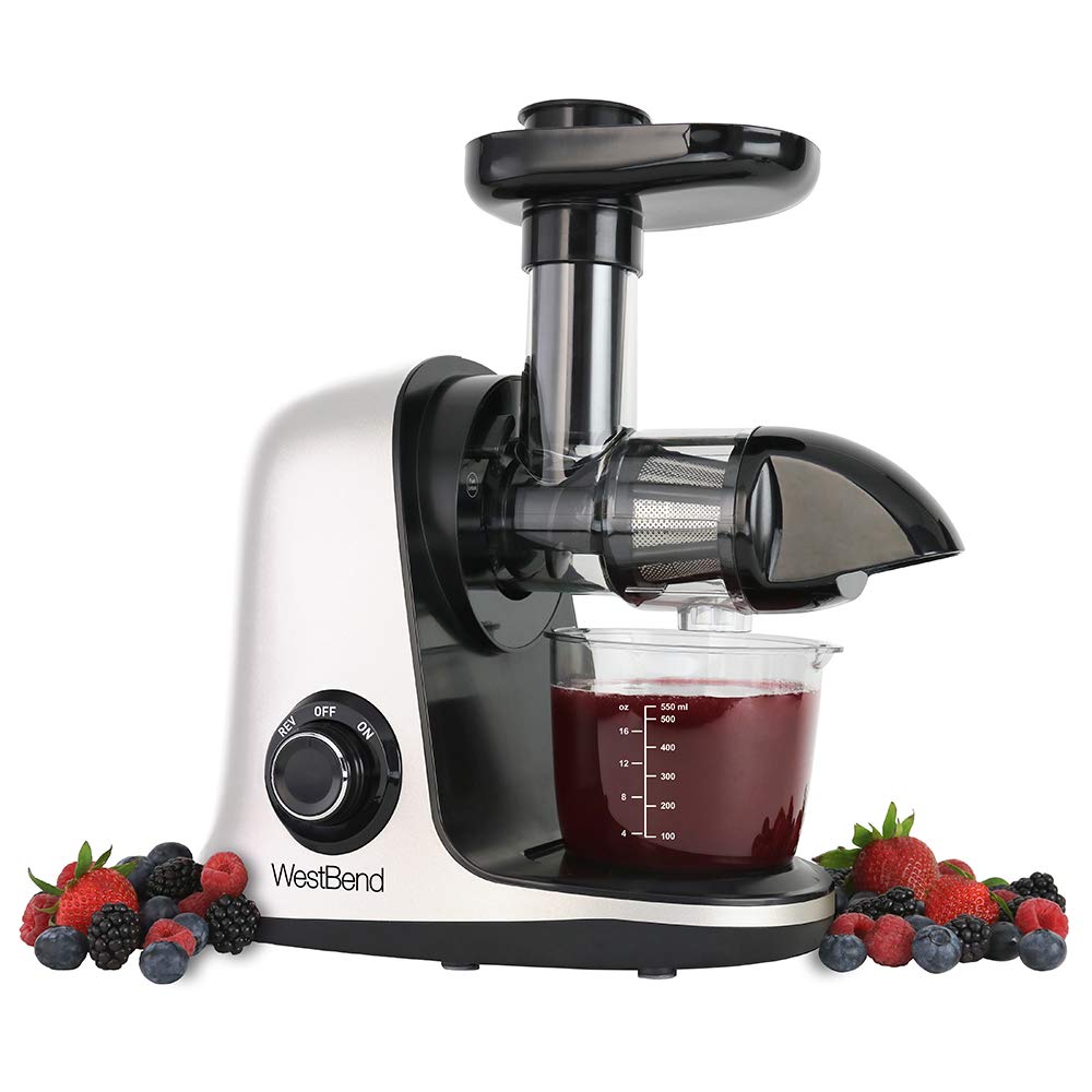 West Bend Cold Press Masticating Juicer - 150W Quiet Motor with Anti-Clog & Reverse Function for Nutrient-Rich Juices - Perfect for Fruits, Vegetables, Leafy Greens - Ideal for Healthy Breakfasts, Detox Drinks & Family Nutrition - White
