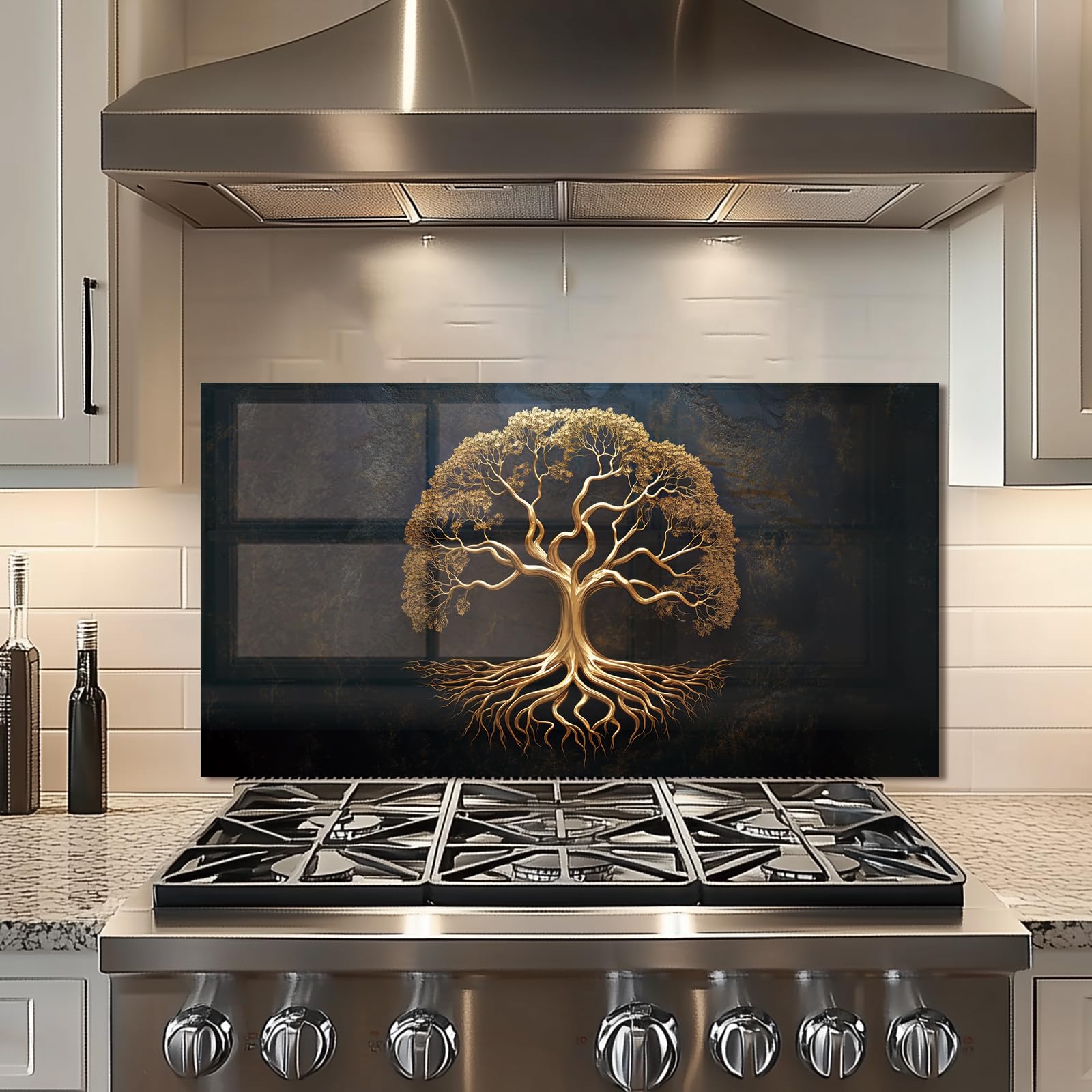 Golden Tree of Life Tempered Glass Kitchen Backsplash - 30
