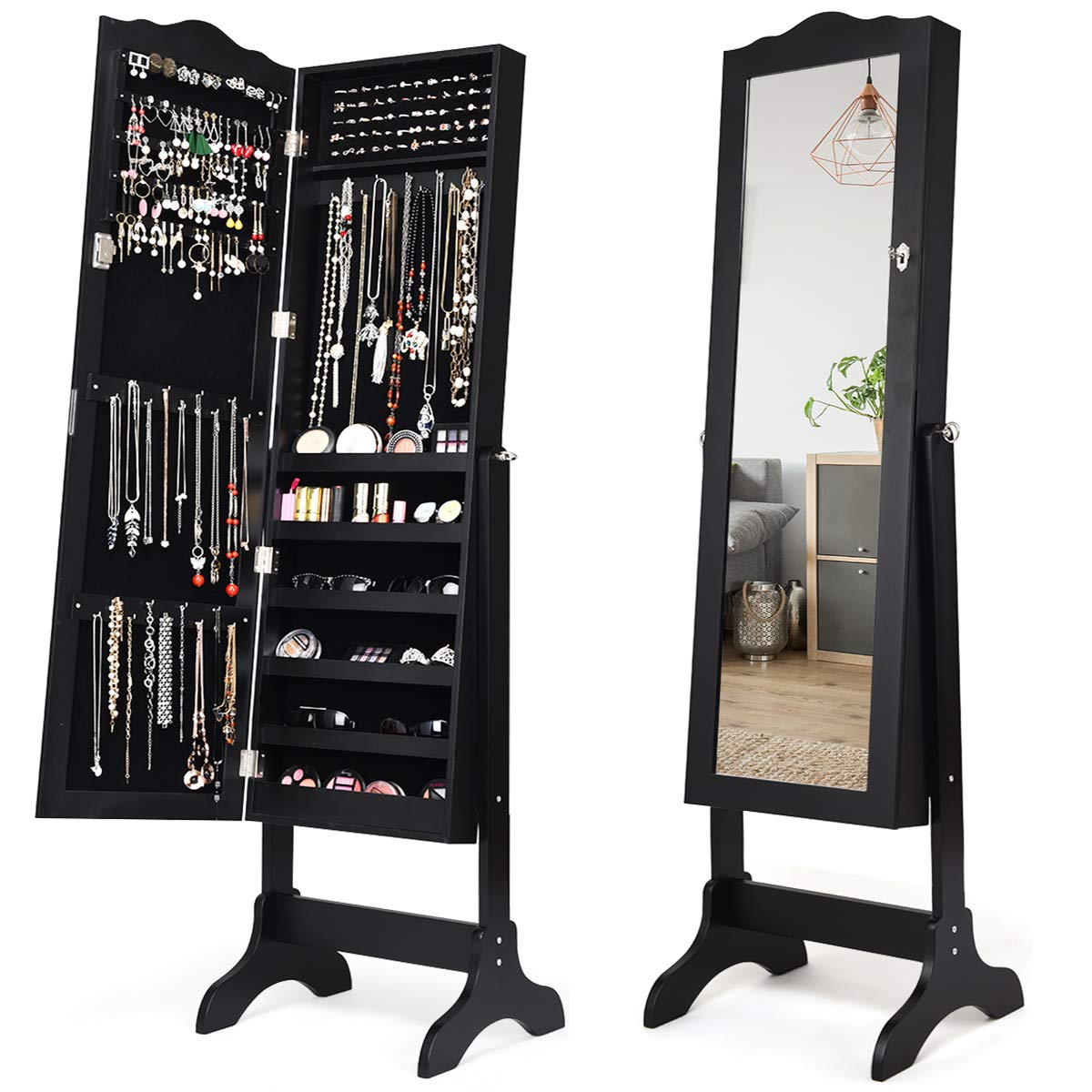 Giantex Jewelry Box Armoire with Mirror - Standing Jewelry Cabinet with 29 Necklace Hooks, Ring & Earring Organizer - Makeup Display Storage for Women & Girls - Perfect for Bedroom, Dressing Room & Gift Giving - Black