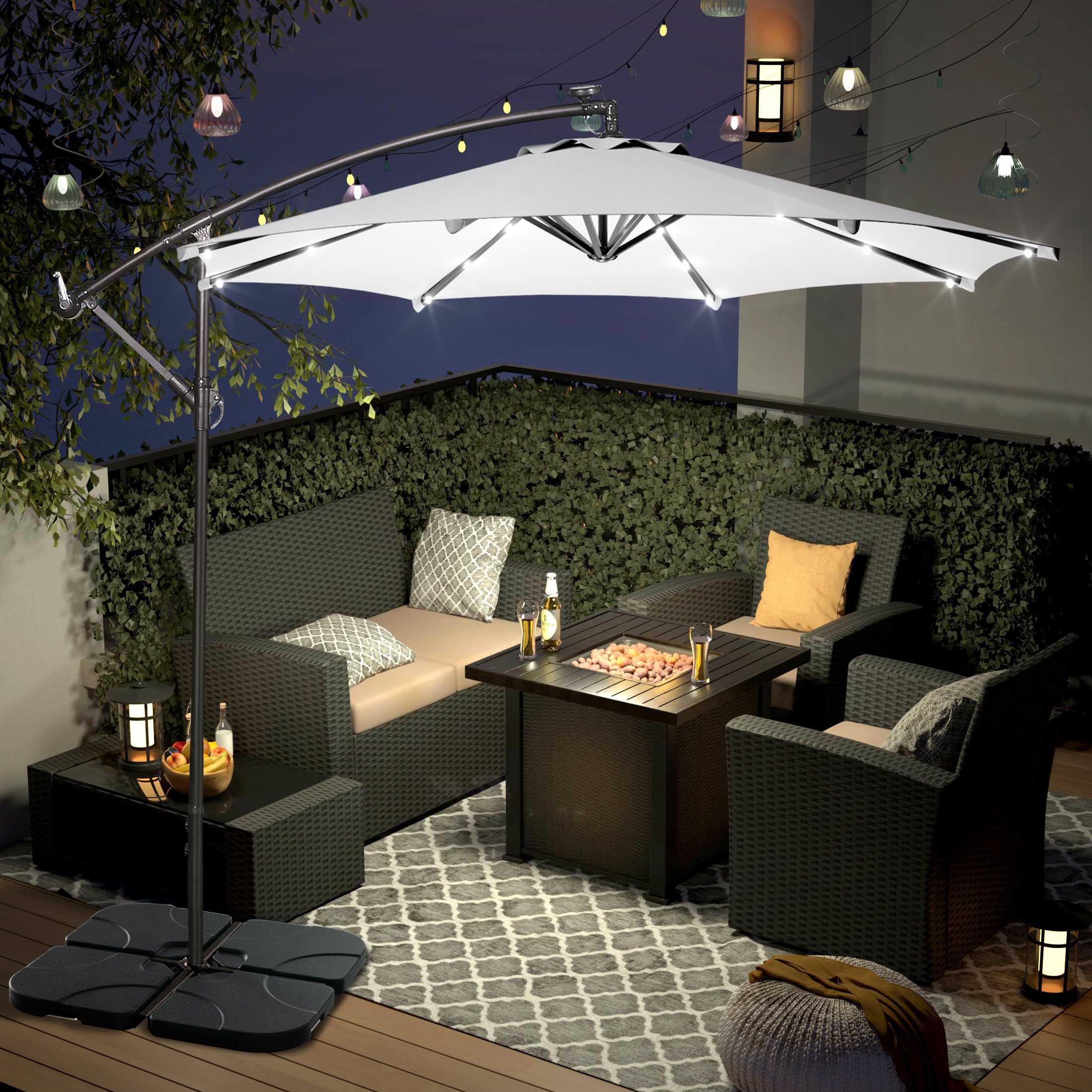 WO Home Furniture 10ft Patio LED Cantilever Umbrella with Stand - Set of 2 PCS, White - Perfect for Outdoor Dining, Poolside Lounging & Backyard Relaxation