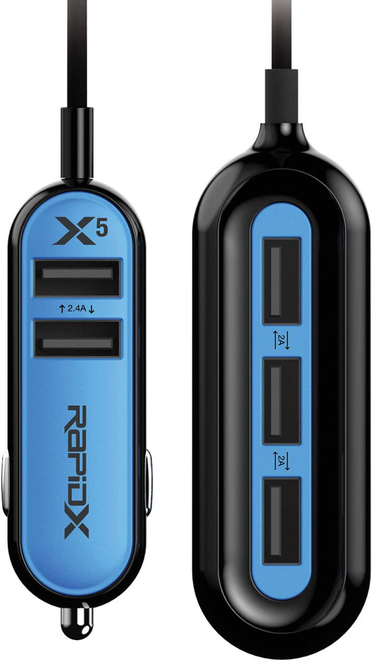 RapidX X5 Fast Car Charger with 5 USB Ports for iPhone, Samsung, Android Phones & Tablets - Blue | Quick Charging for Road Trips, Commuting & Travel Accessories