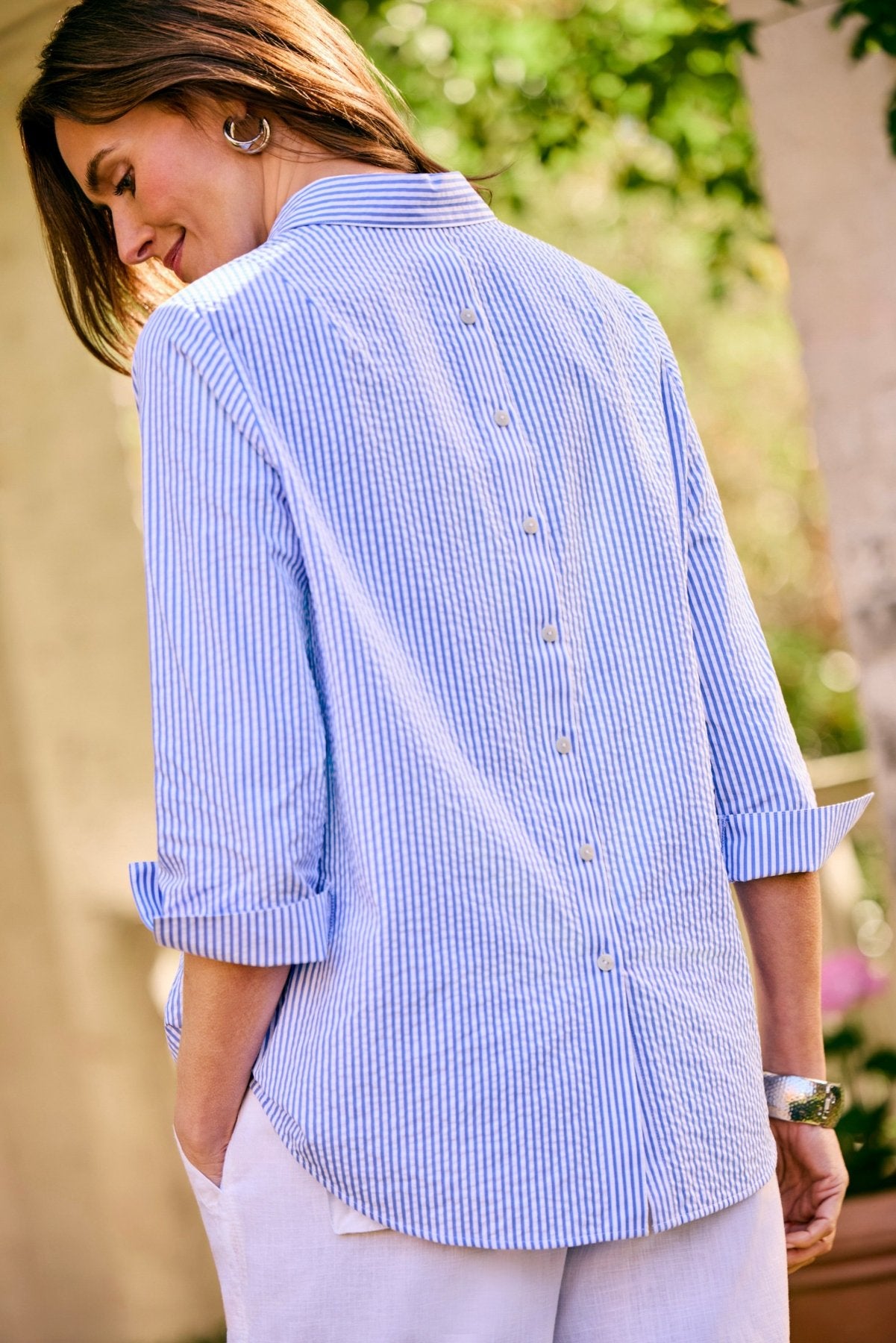 Therese Seersucker Thin Stripe 3/4 Sleeve Popover Shirt for Women - Breathable Summer Casual Top for Office, Beach & Outdoor Activities
