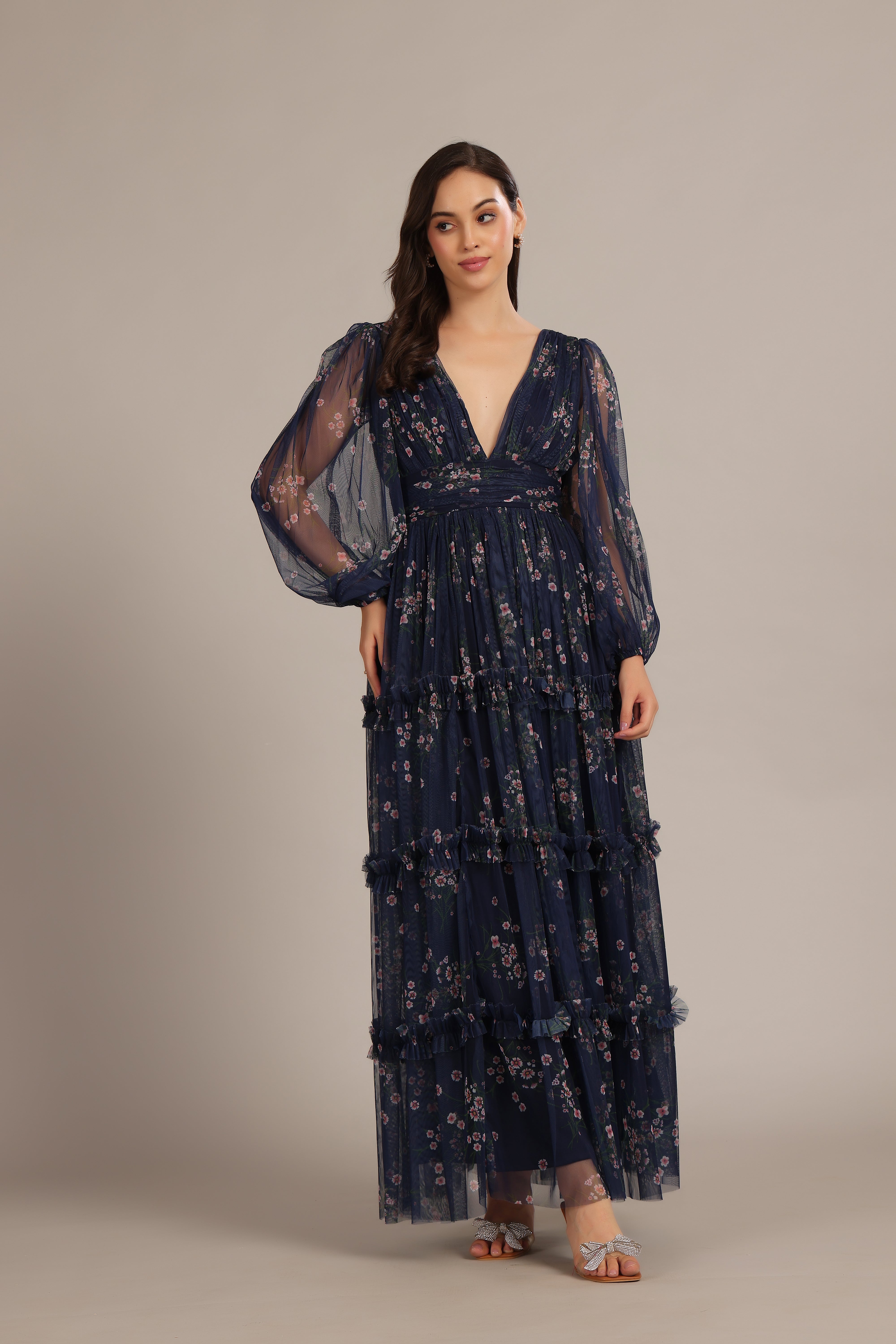 Lydia Maxi Dress for Women - Navy Blue Floral Print Long Summer Dress - Perfect for Beach, Vacation, and Casual Outings