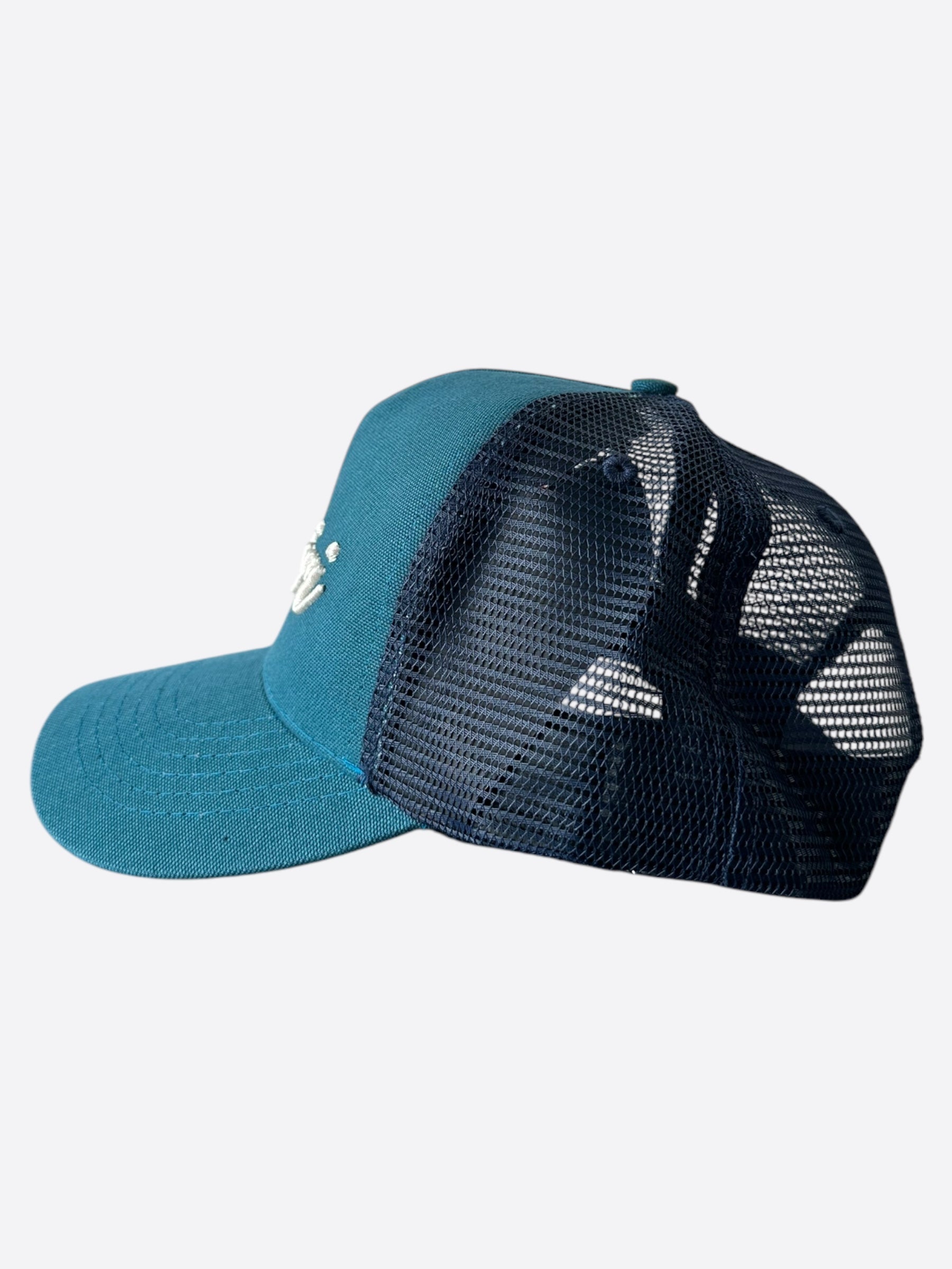 Amiri Blue & White Script Logo Trucker Hat - Stylish Baseball Cap for Men & Women - Perfect for Streetwear, Casual Outfits & Outdoor Activities