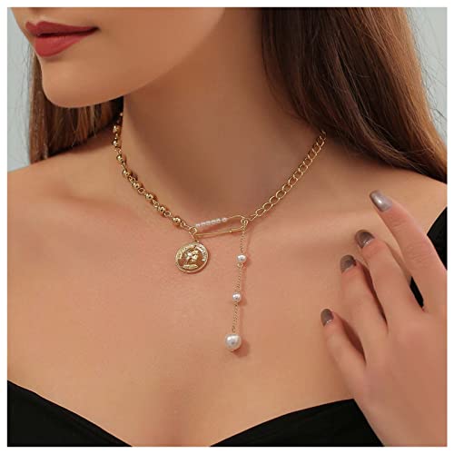Vintage Pearl Y Necklace - Gold Safety Pin Choker with Ball Chain & Disc Pearl Pendant - Elegant Jewelry for Women & Girls - Perfect for Parties, Weddings & Everyday Wear