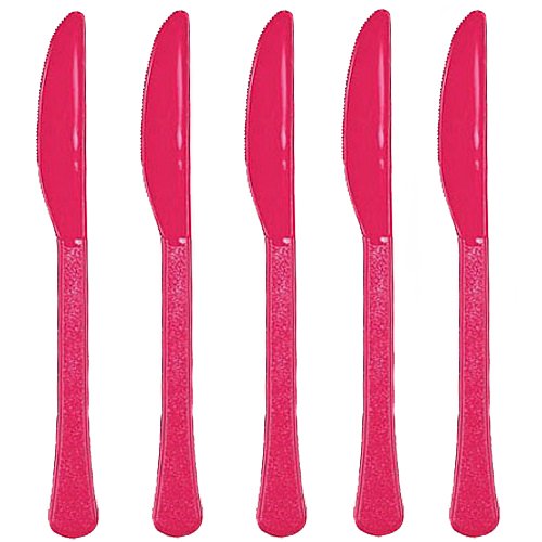 Amscan Plastic Knives for Party Supplies - Full Size Magenta Disposable Cutlery for Birthday, Wedding & Picnic Events