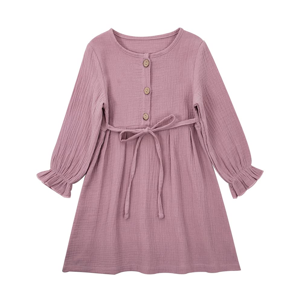 IZYJOY Toddler Baby Girl Cotton Linen Dress - Long Sleeve Crew Neck Button Down Dress with Adjustable Belt | Casual Fall Outfit for Girls | Perfect for Playdates, Family Photos & Holiday Events