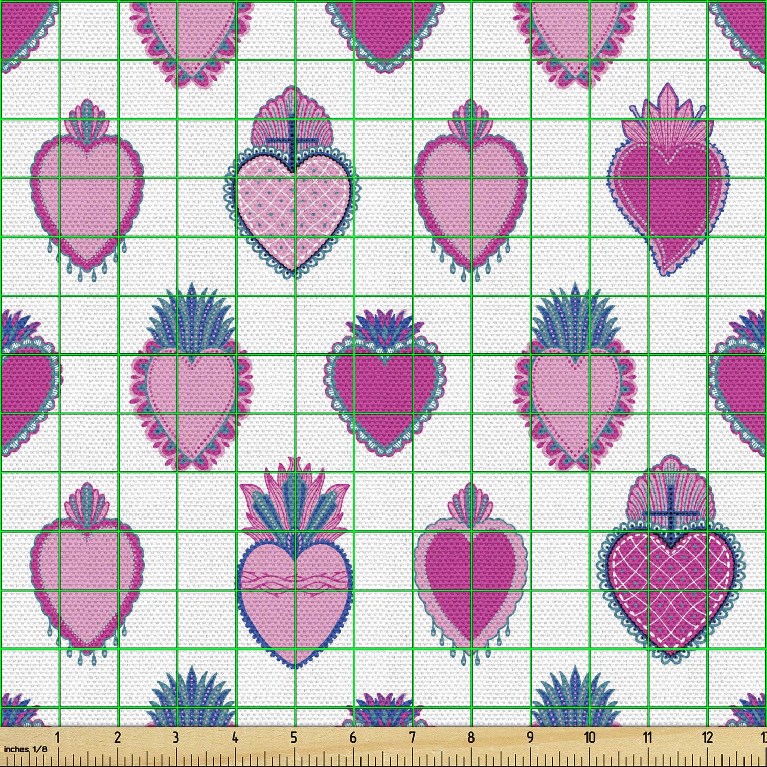 Ambesonne Romantic Floral Fabric by The Yard - Flowering Hearts with Flourishing Leaves and Blooms, Love & Romance Theme Upholstery Material (10 Yards, Petrol Blue Magenta) for Sofa, Curtains, Pillows & Home Decor