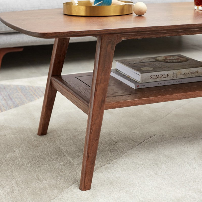 Solid Oak Wood Walnut Finish Double Layer Coffee Table - Modern Living Room Furniture for Home Decor & Small Space