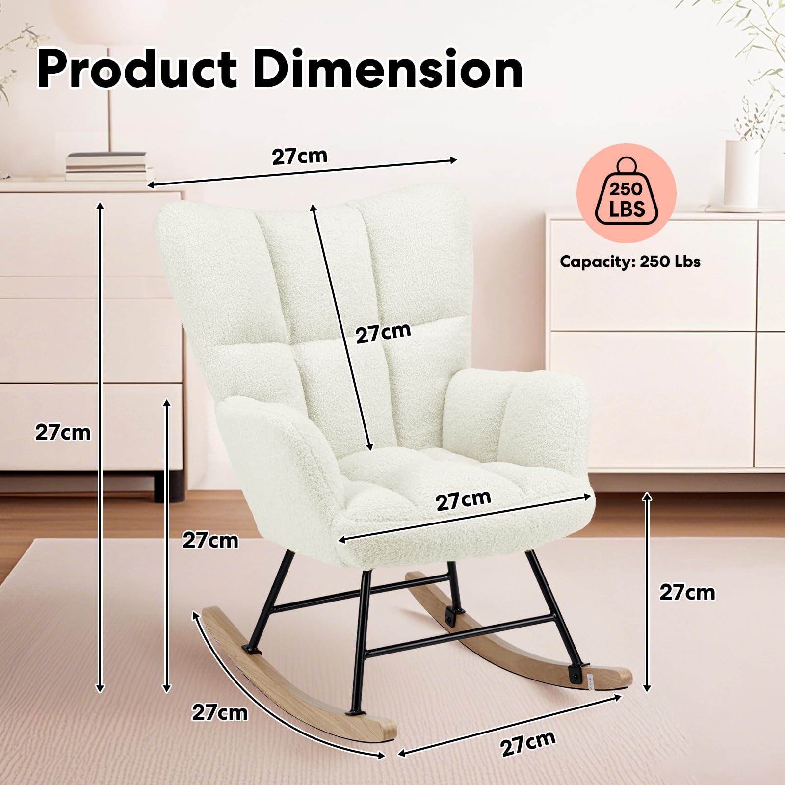 Simple Deluxe Nursery Rocking Chair - Teddy Upholstered Glider Recliner with High Backrest, Comfortable Armchair for Nursing, Reading & Relaxing - Perfect for Nursery, Living Room & Bedroom - White