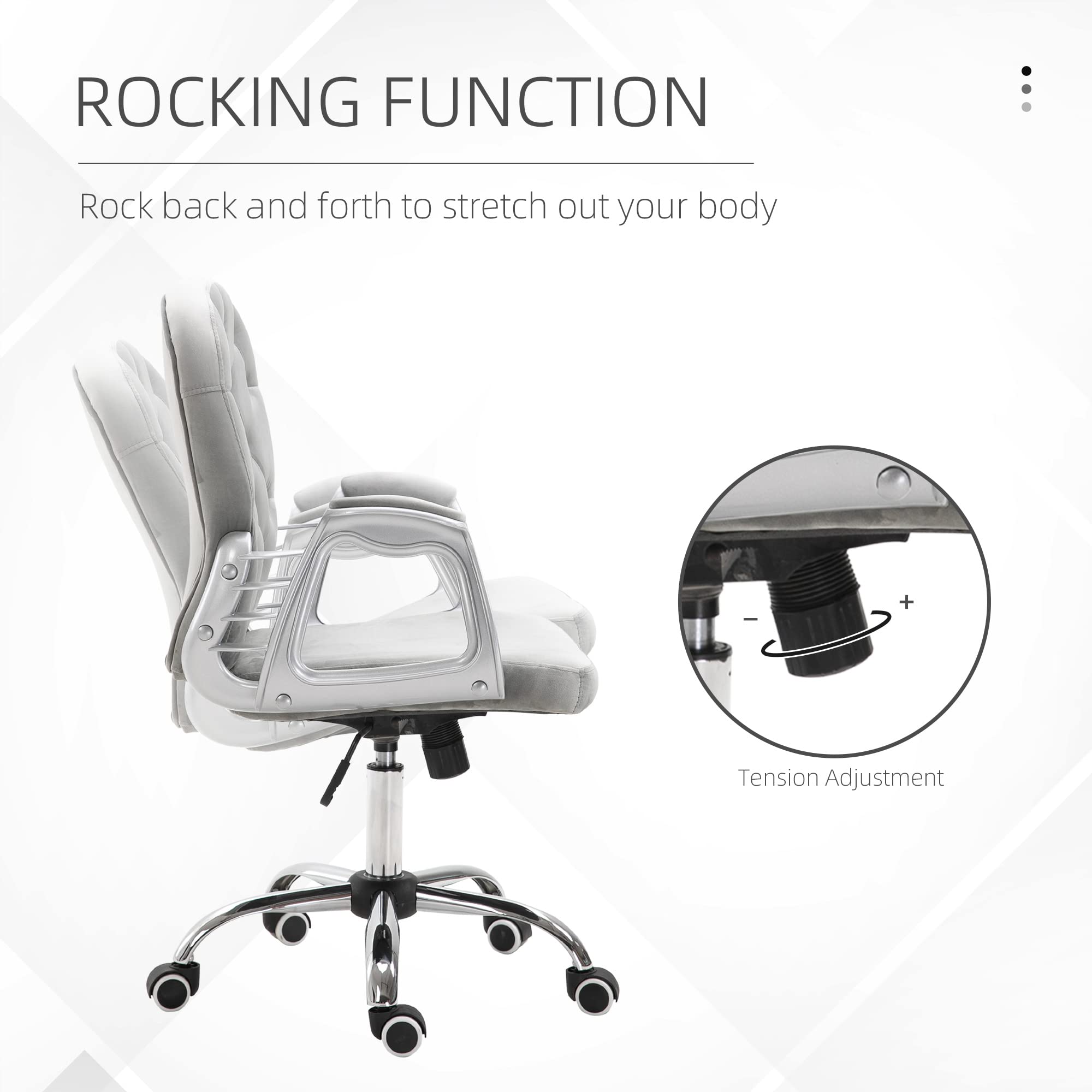 Vinsetto Velvet Home Office Chair - Button Tufted Ergonomic Desk Chair with Padded Armrests, Adjustable Height & 360° Swivel Wheels, Gray - Perfect for Home Office, Gaming & Study Workspace