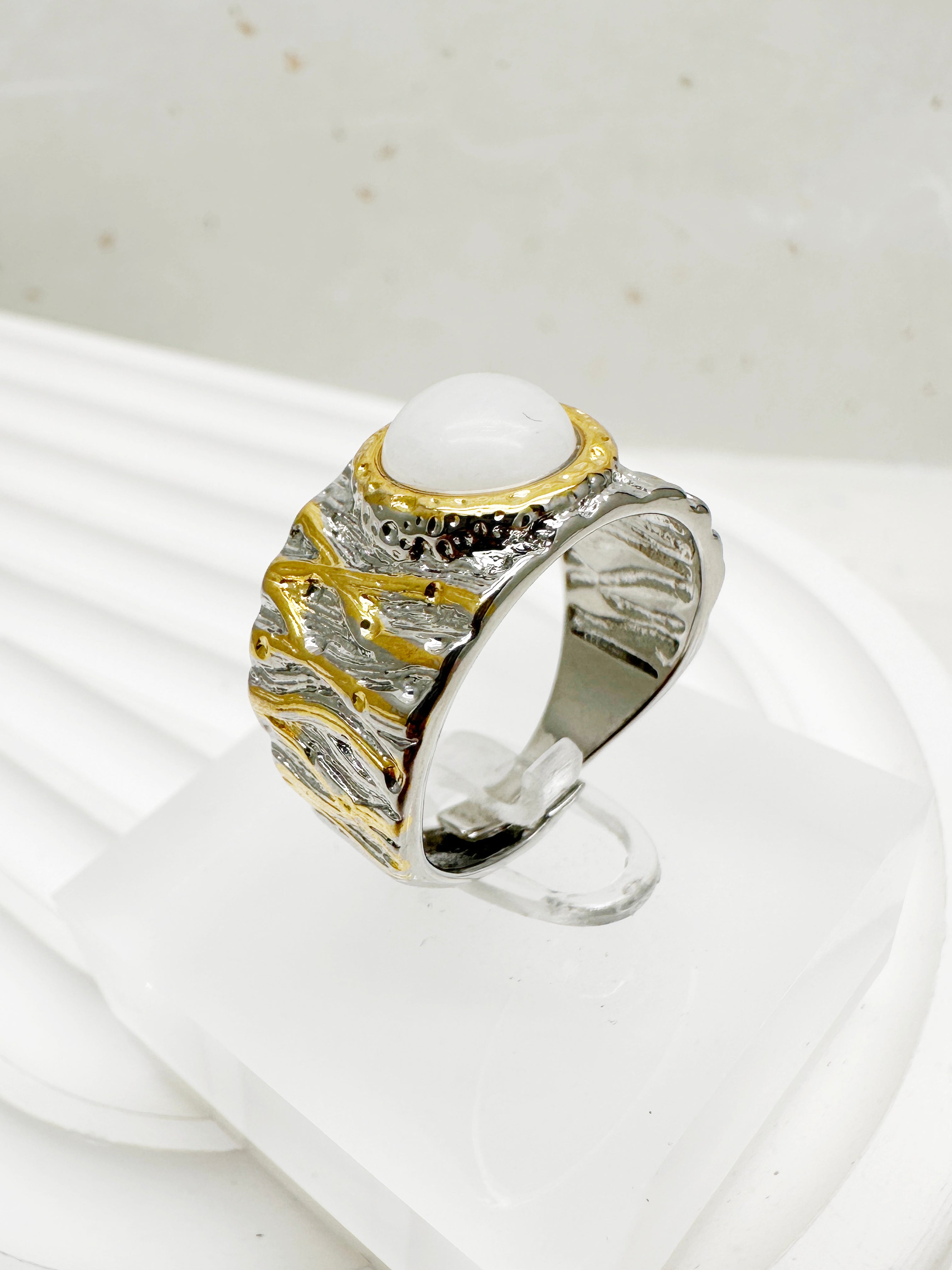 White Moonstone Platinum Plated Brass Adjustable Ring LR009 - Elegant Jewelry for Women, Perfect for Weddings, Parties & Everyday Wear