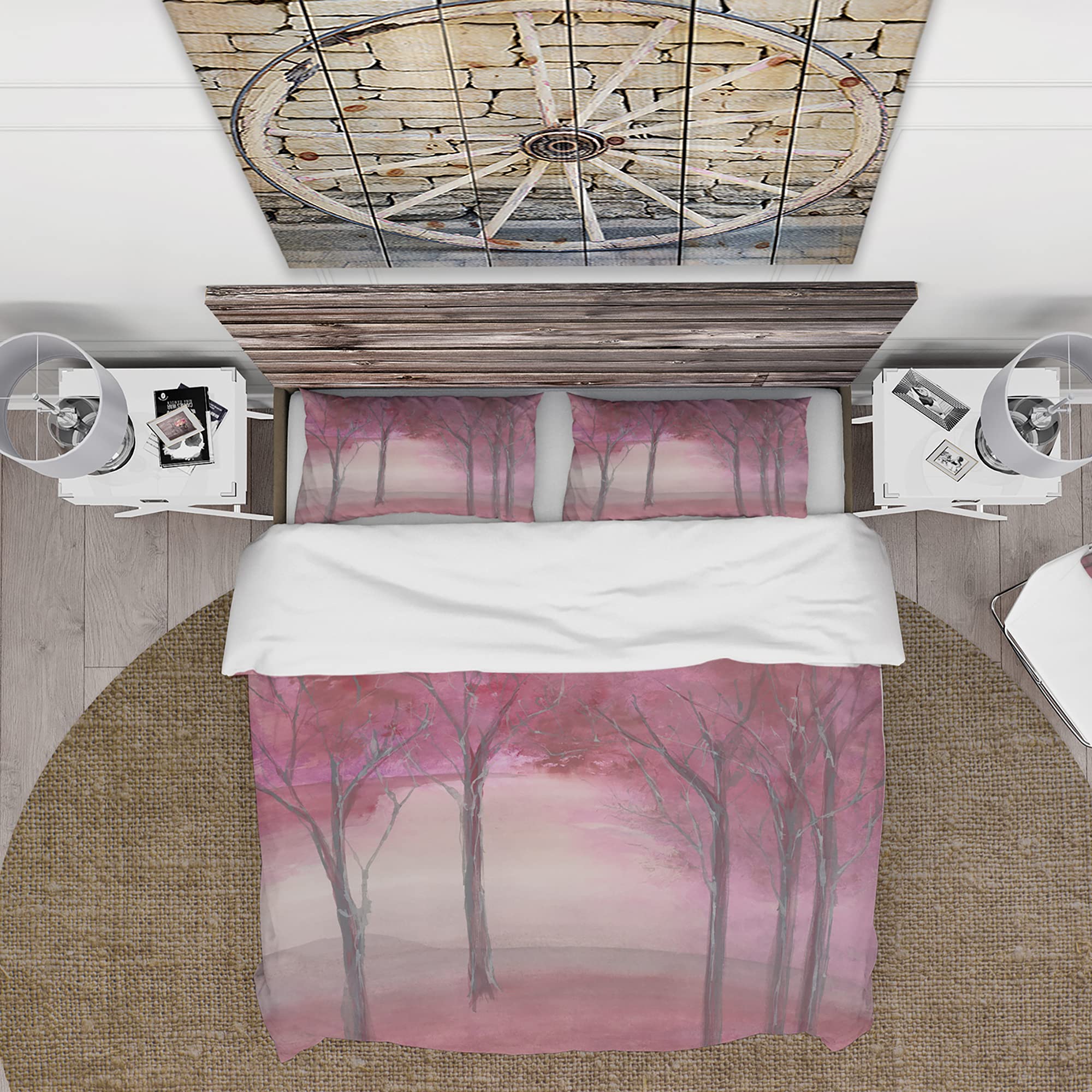 DesignQ Pink Forest Farmhouse Duvet Cover Set - Twin Size 3-Piece Landscape Bedding | All-Season Comfort for Cozy Farmhouse Bedrooms & Guest Rooms