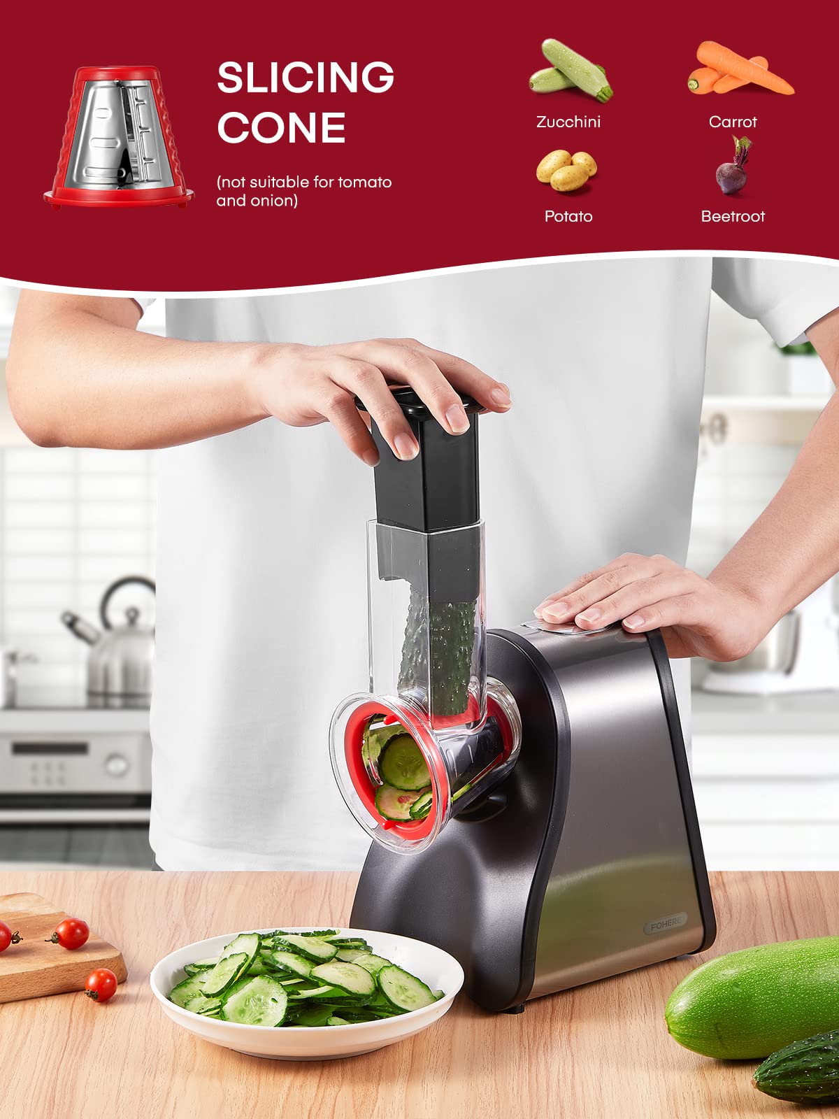 150W Electric Cheese Grater & Vegetable Shredder - 4 Interchangeable Cones for Cheese, Carrots, Cucumbers | Multi-Purpose Salad Maker & Food Processor for Kitchen, Party, Meal Prep