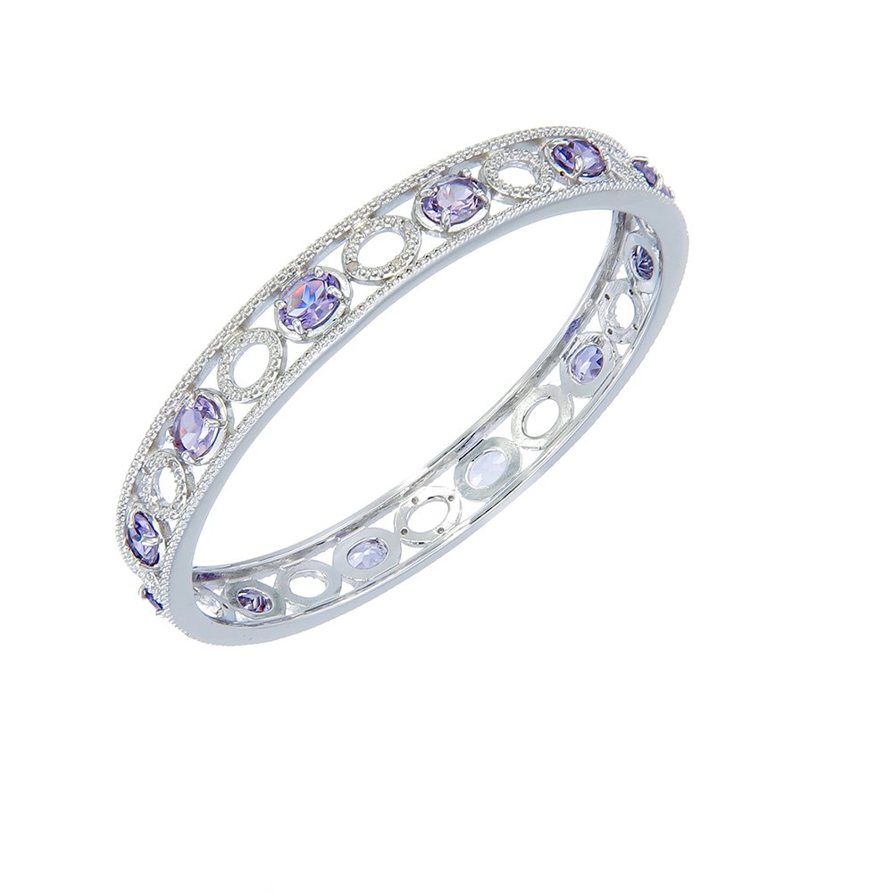 5.70 Carat Total Weight (cttw) Purple Amethyst & Diamond Eternity Bangle Bracelet in Brass with Rhodium Plating - Elegant Jewelry for Weddings, Anniversaries & Special Occasions
