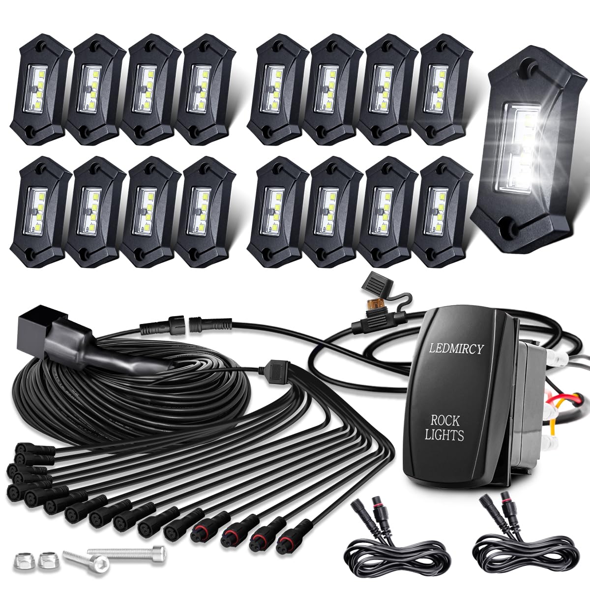 LEDMIRCY R3 Pure White LED Rock Lights Kit - 16PCS High Power Underbody Lighting with Rocker Switch & Wire Harness | Waterproof & Shockproof for Offroad Trucks, ATV, UTV, SUV | Perfect for Night Trail Rides, Car Shows & Offroad Adventures
